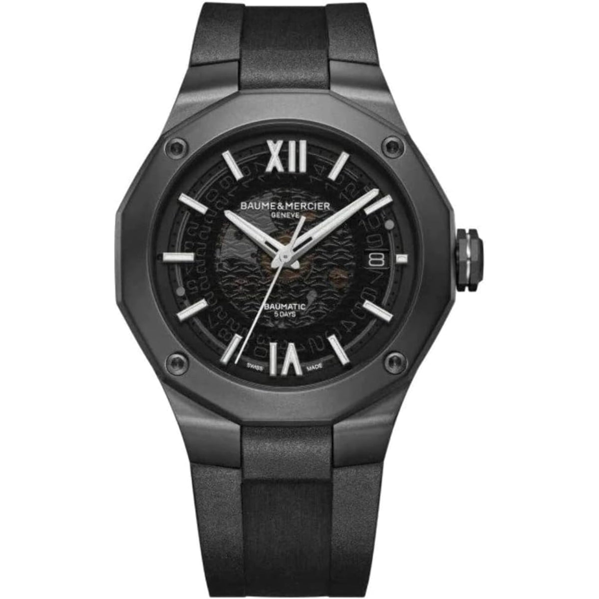 Men's Baume & Mercier automatic watch frontal view, black rubber strap and dark grey dial