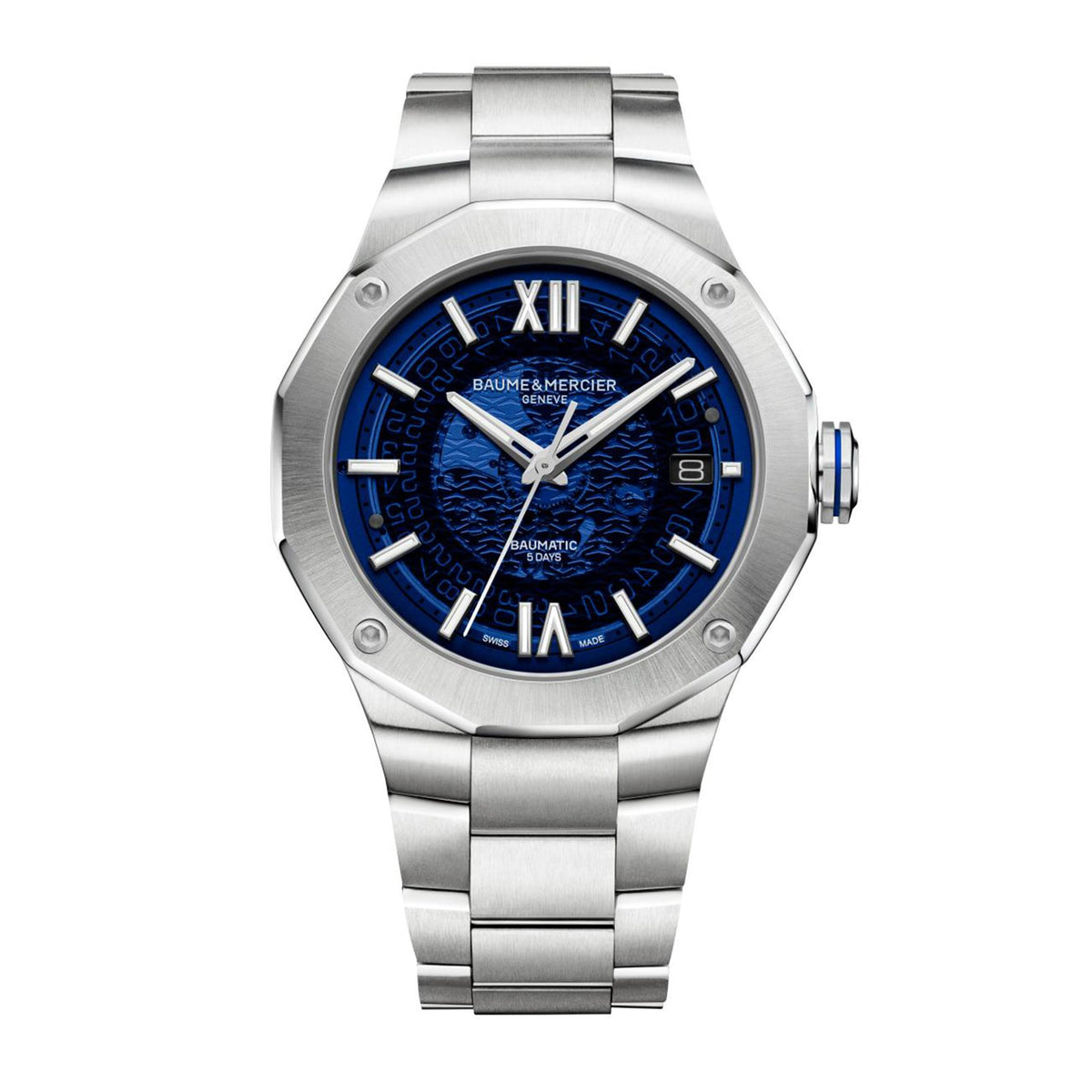 Men's stainless steel automatic watch with blue patterned dial, Roman numerals, bracelet.
