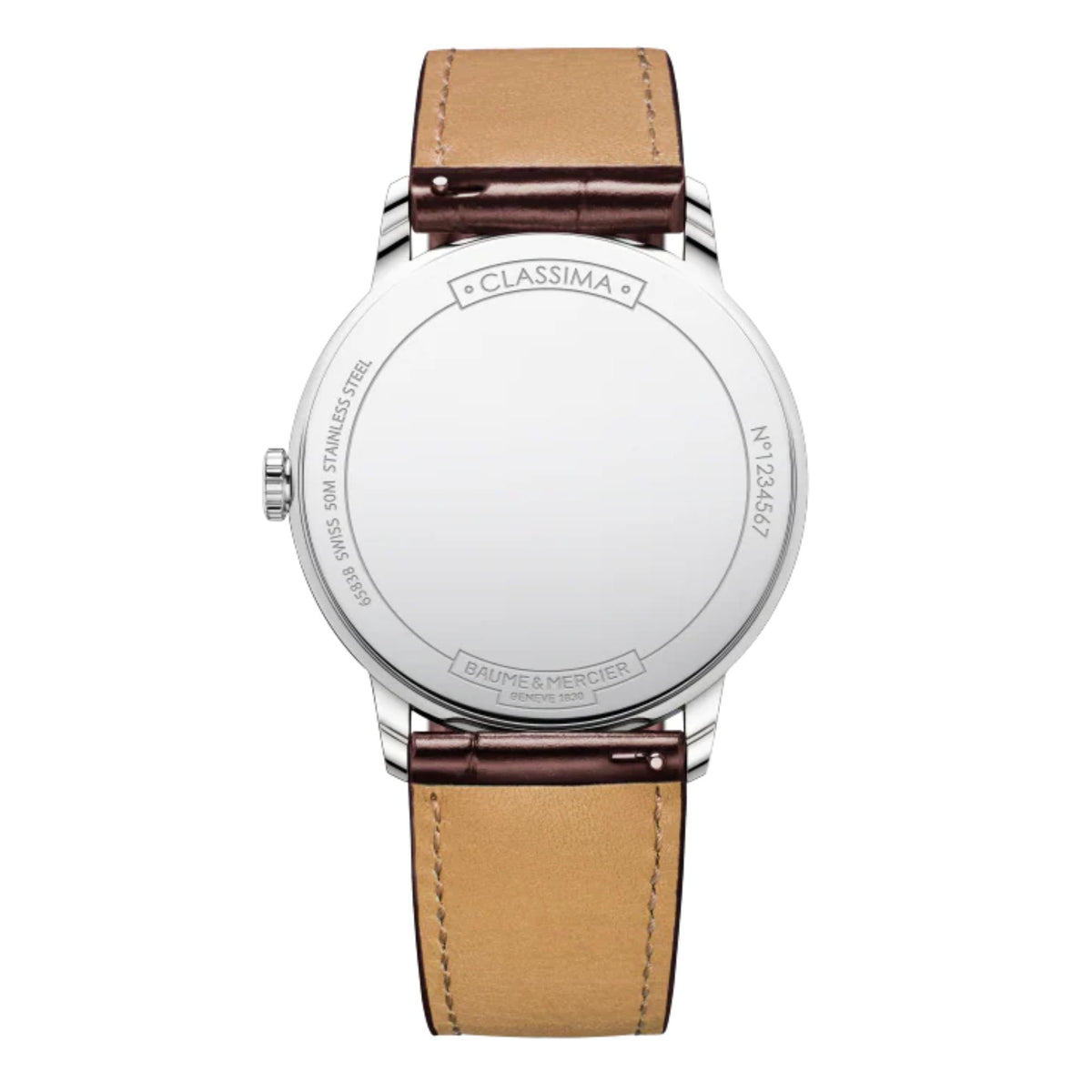 Men's Classima watch case back with tan leather strap, embossed CLASSIMA