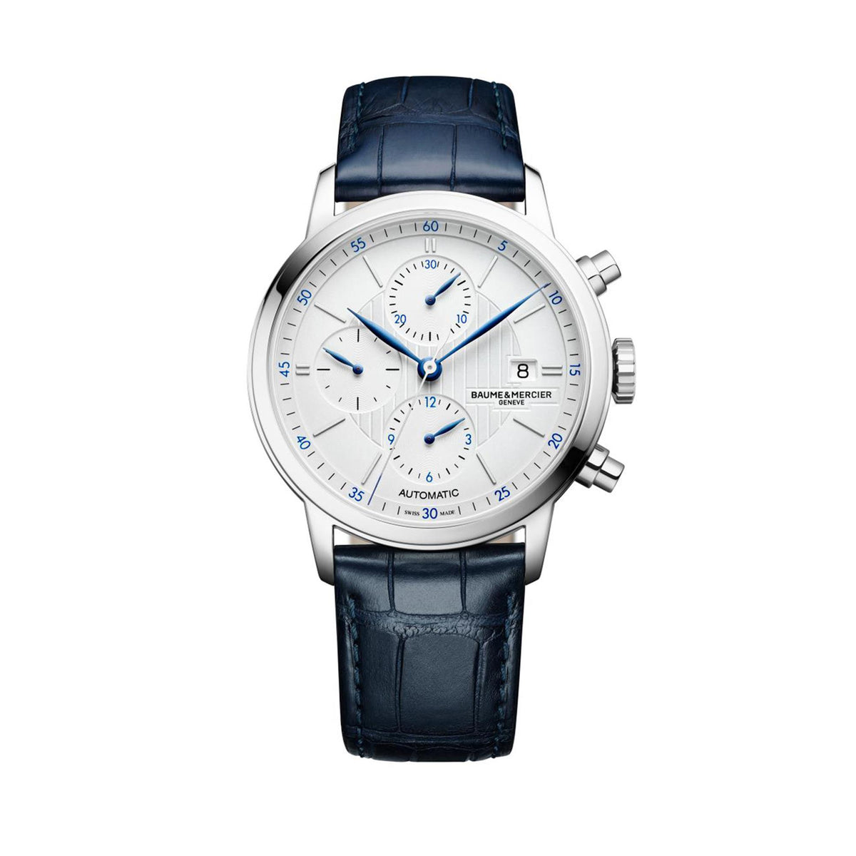 Baume & Mercier Classima automatic chronograph watch front view, silver case, blue leather strap