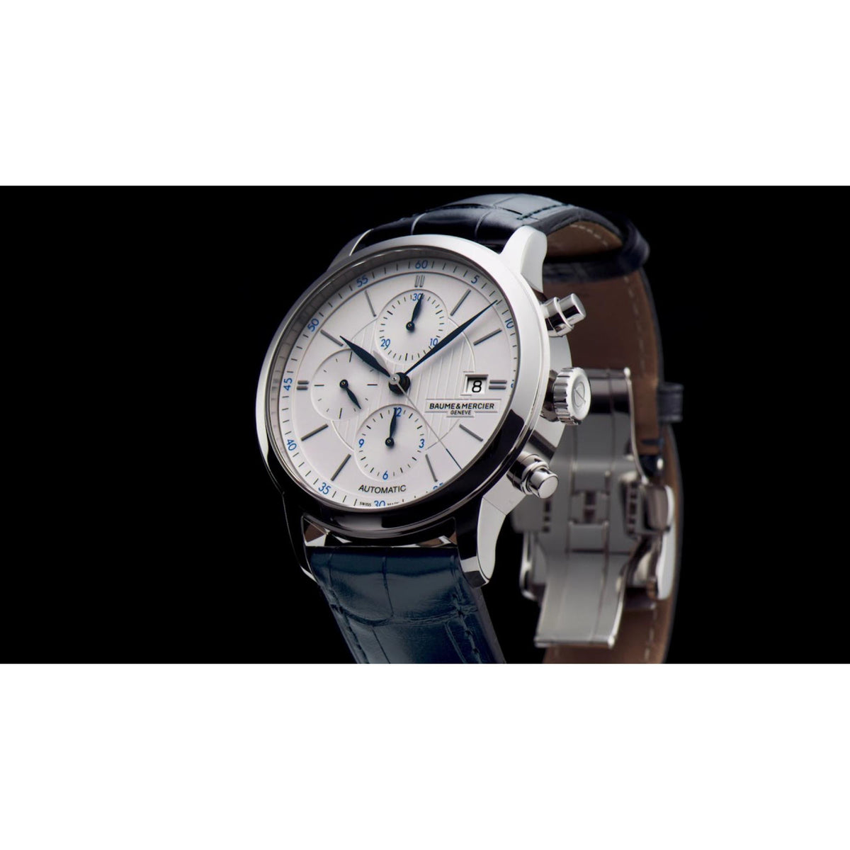 Baume & Mercier Classima automatic chronograph watch side profile, silver case, blue leather strap