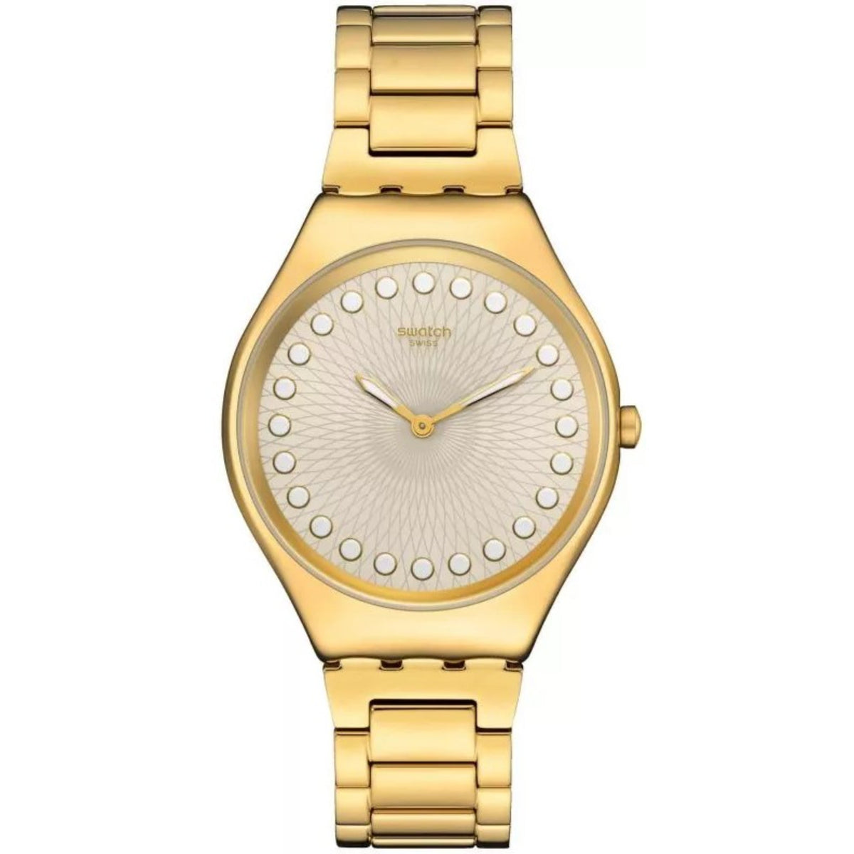 Unisex gold-tone quartz wristwatch with beige dial, white dot bezel, gold metal bracelet