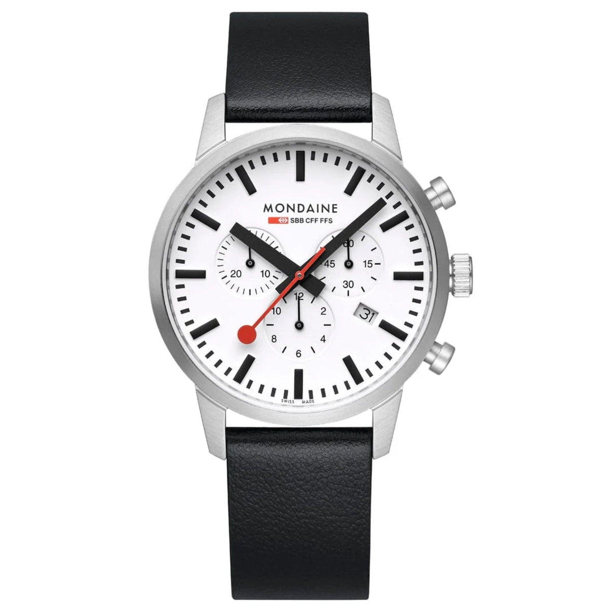 Mondaine chronograph wristwatch with black leather strap, white dial, and silver case