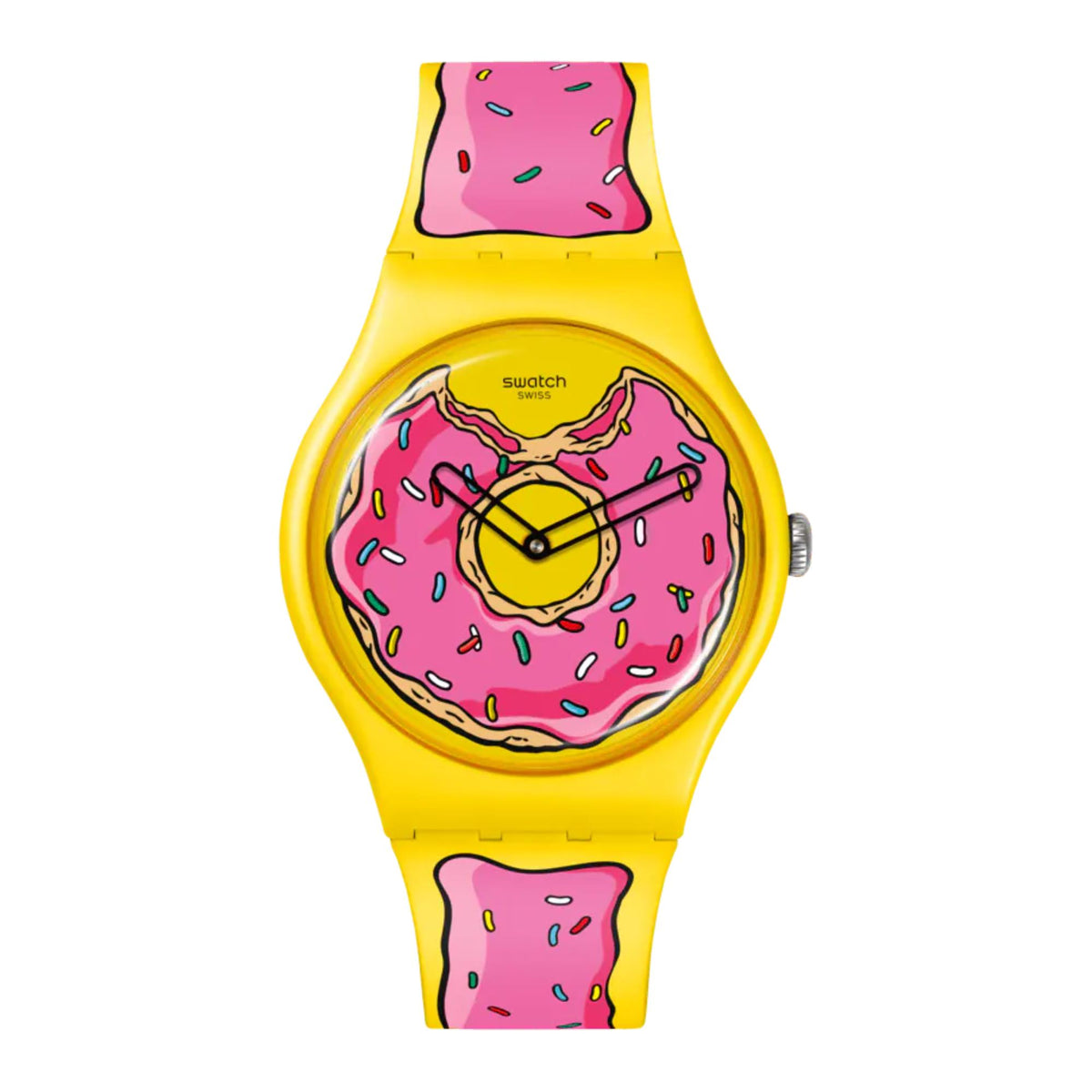 Yellow silicone strap watch featuring pink donut graphic dial and black clock hands
