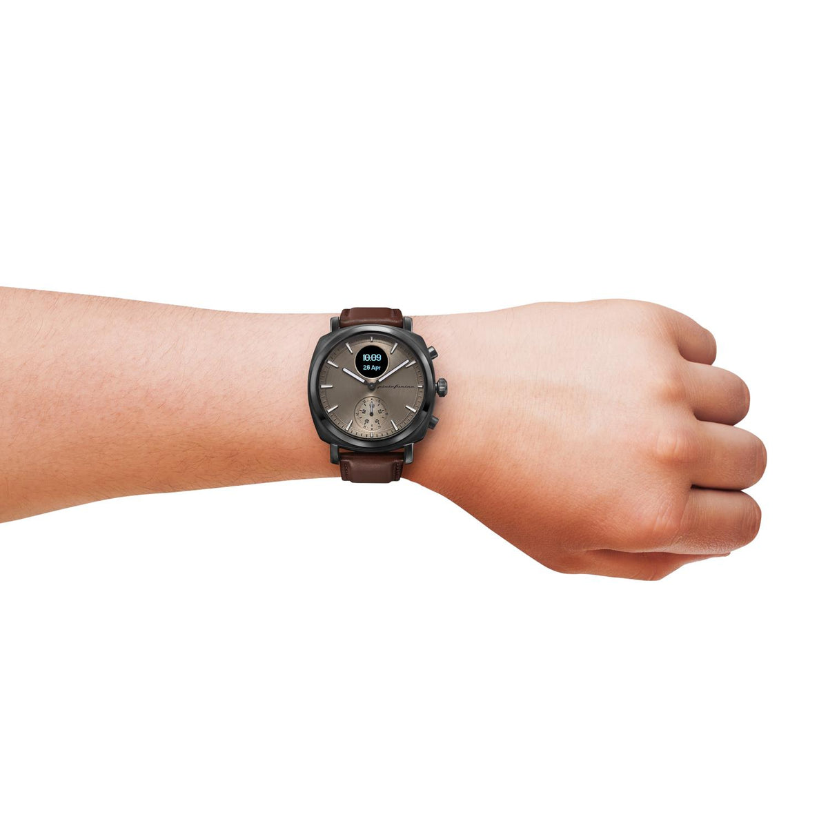 Hybrid watch worn on wrist, brown leather strap, gray dial and black case