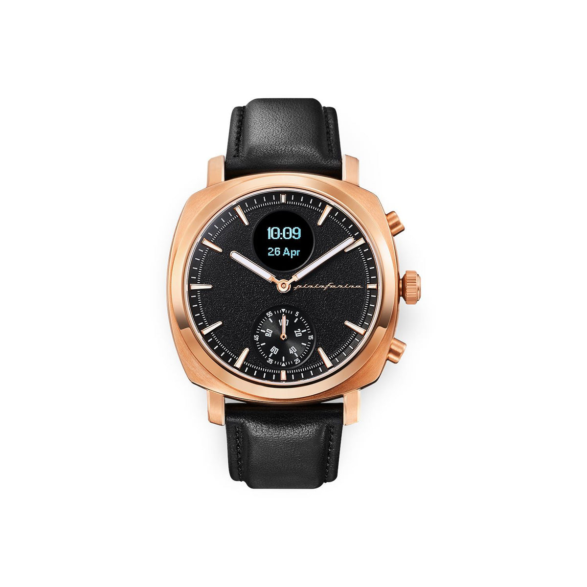 Rose gold-tone leather watch with black dial and subdials, black textured leather strap.