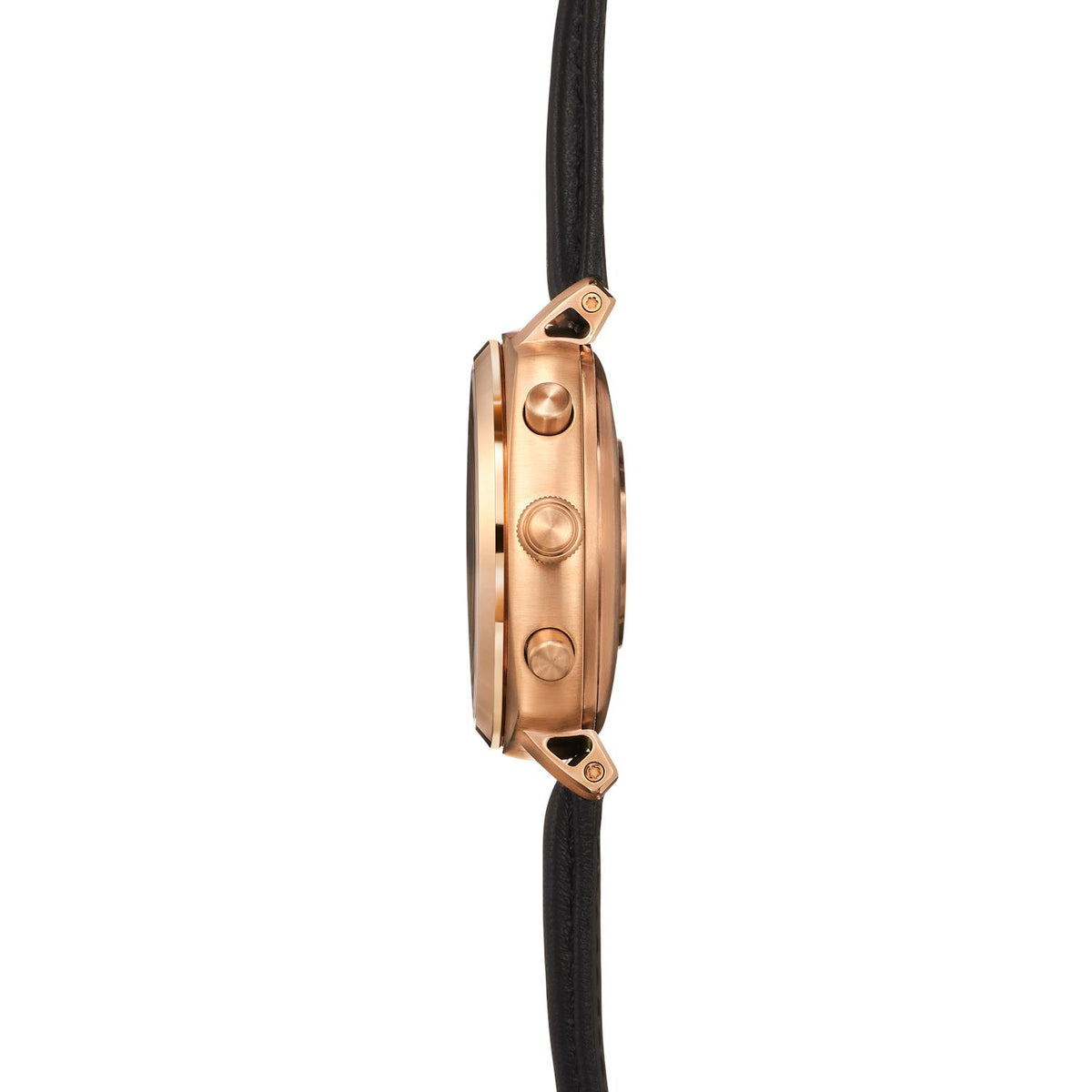 Side profile of rose gold-tone watch case with crowns and black leather strap.