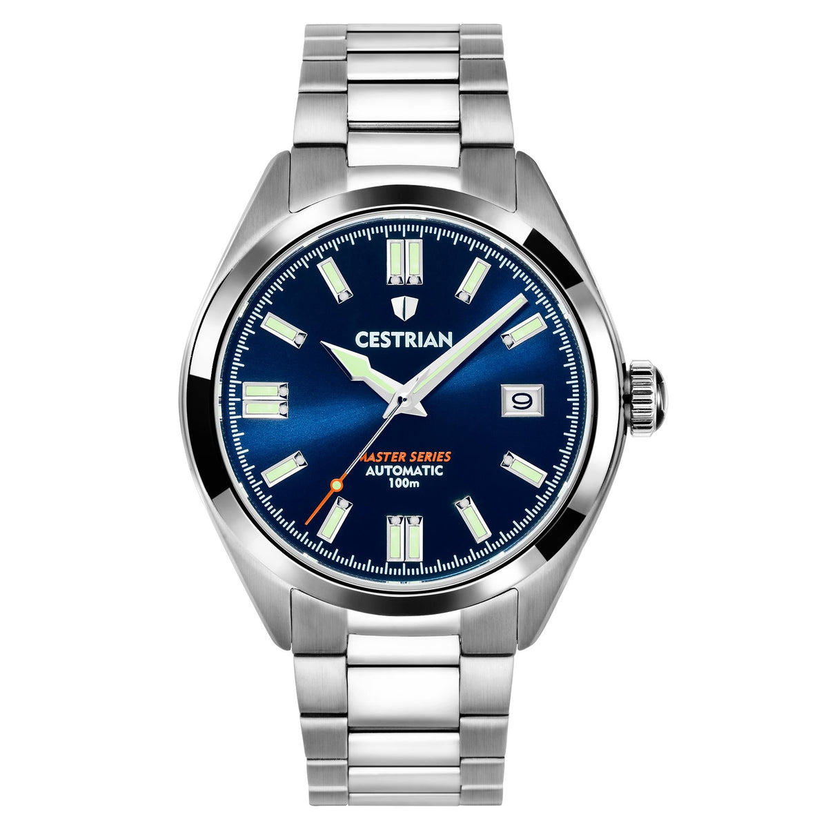 Cestrian Master Series men's automatic watch with blue dial, steel case, steel bracelet
