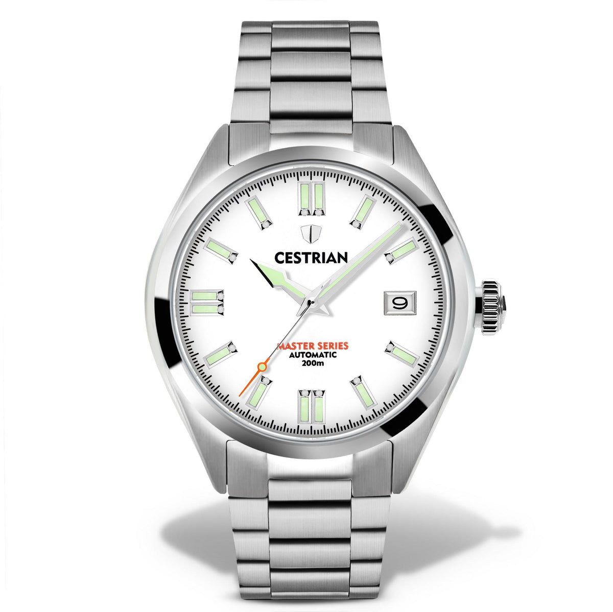 Stainless steel men's automatic watch with white dial, green hour marks, and crown at 3