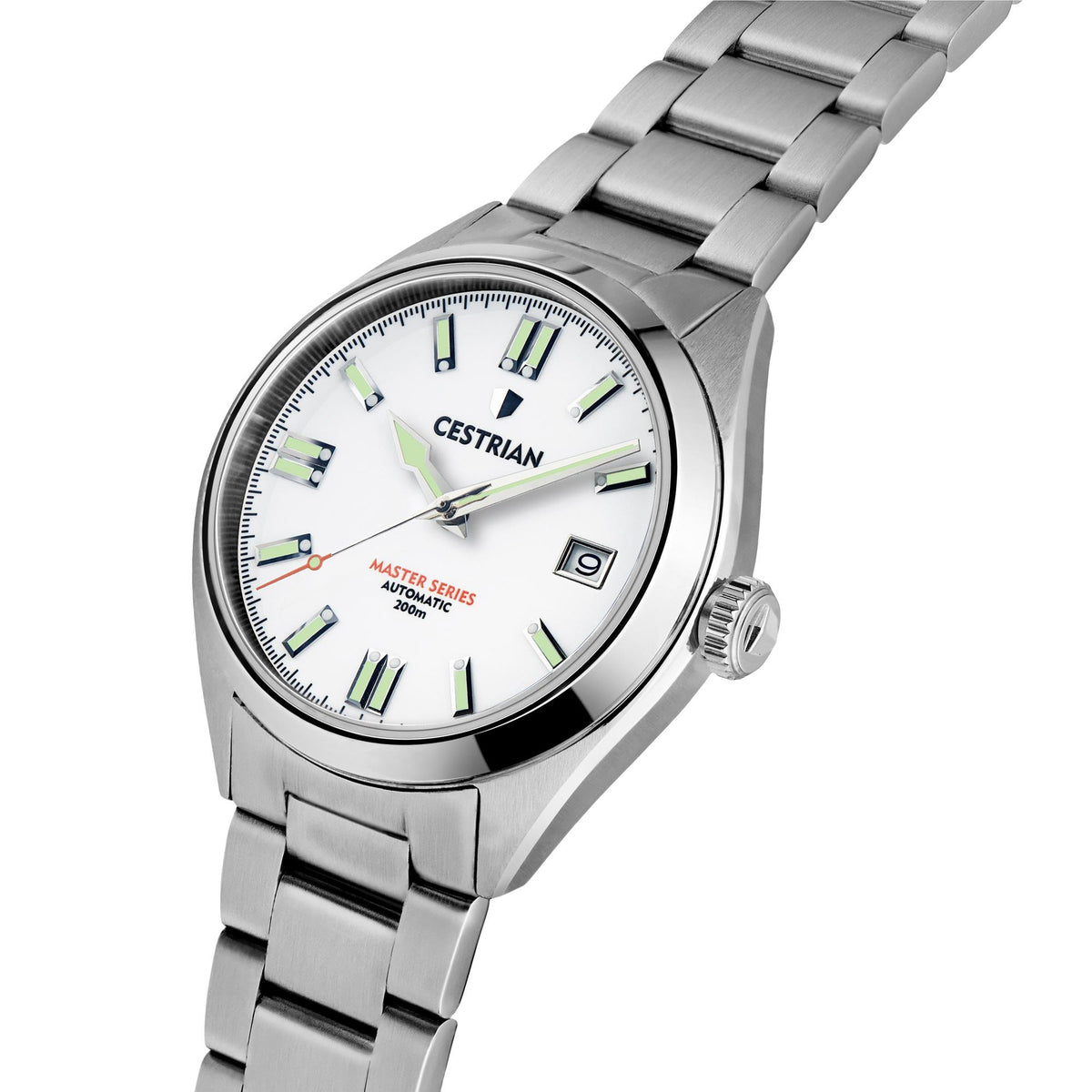 Side view of stainless steel men's automatic watch with white dial and metal bracelet