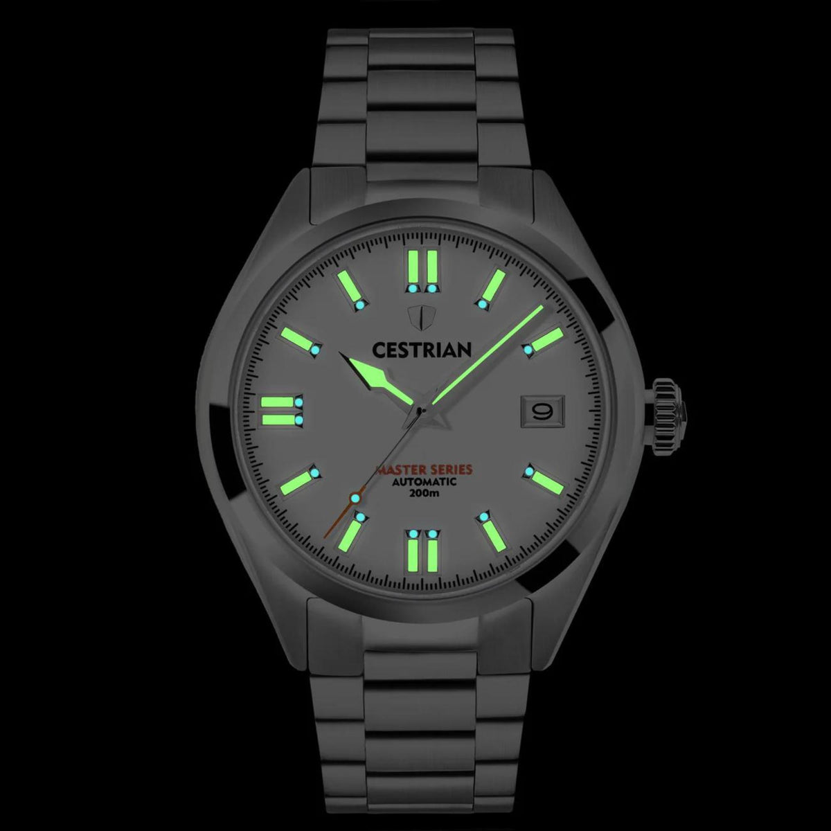 Men's automatic watch with dark dial, green lumed hour markers, and steel bracelet