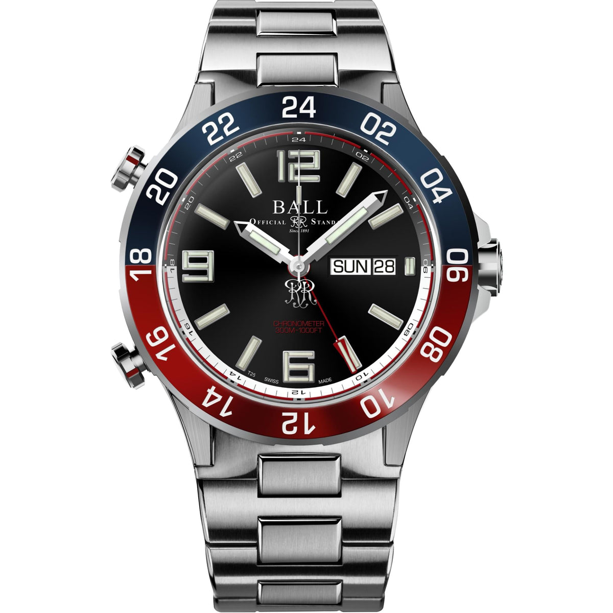 Men's wristwatch with black dial and red bezel markings, metal link bracelet