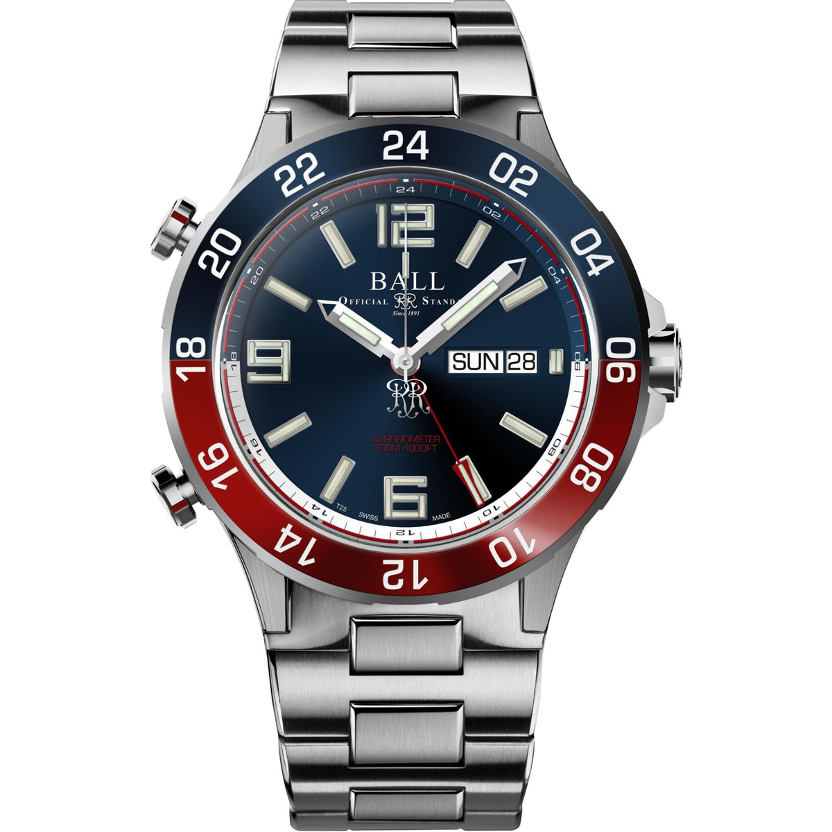Men's titanium bracelet watch with blue dial, red dive bezel numbers, and date 'SUN 28'.