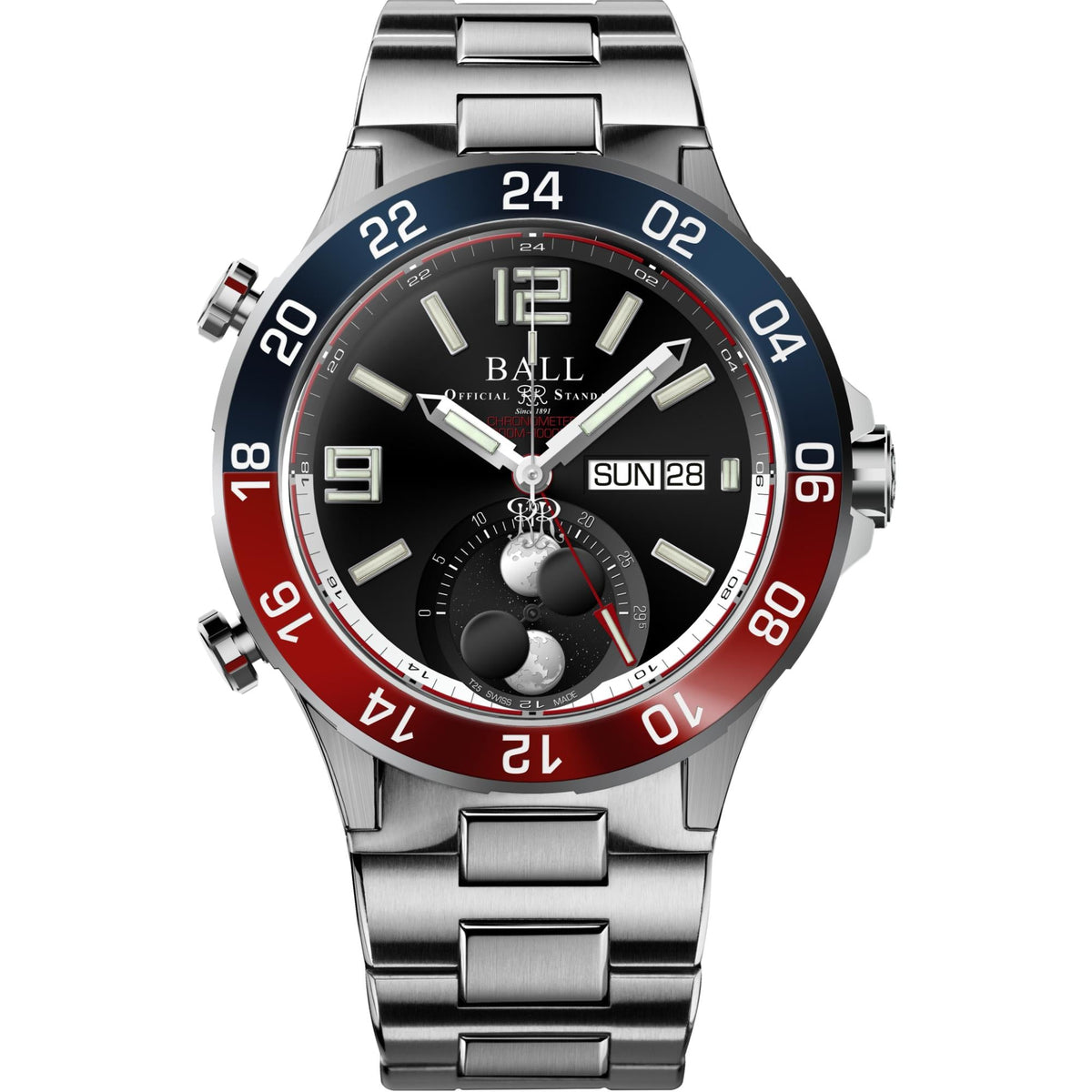 Men's automatic moon phase watch, black dial, red bezel with day/date window, silver bracelet