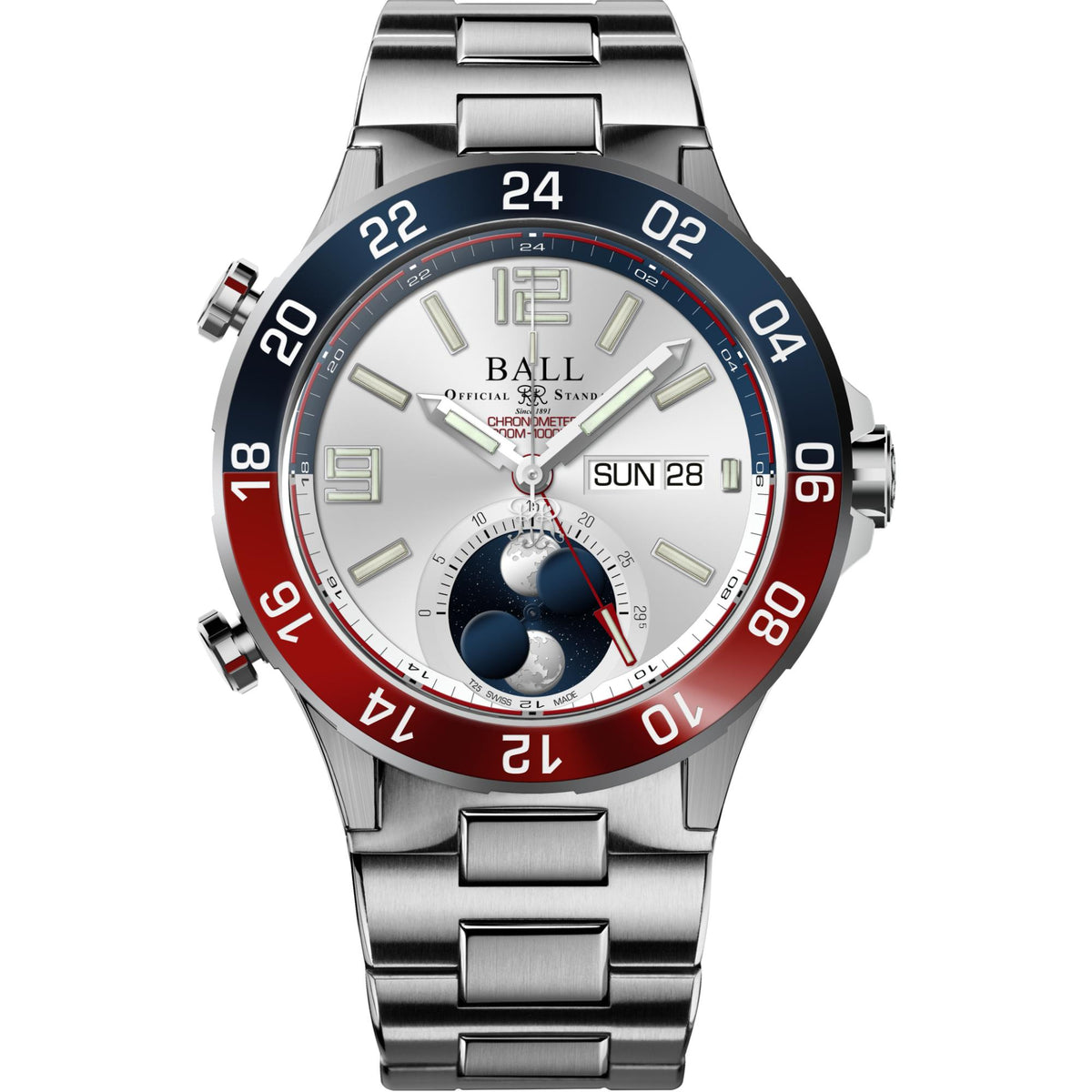 Titanium watch with white dial, blue moon-phase subdial, red bezel, metal bracelet.