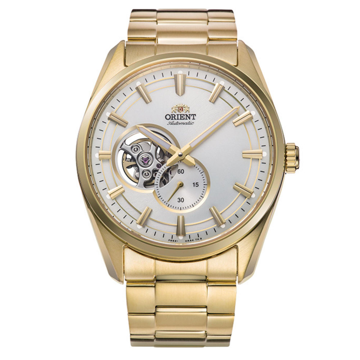 Gold-tone men's automatic watch with white dial, visible skeleton movement and sub-dial