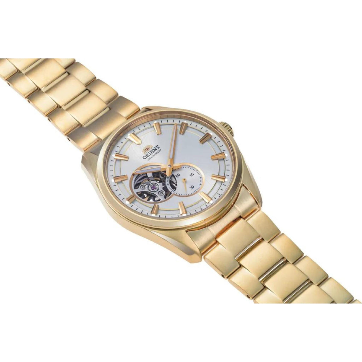 Gold-tone men's automatic watch angled view, white dial with skeleton movement and sub-dial