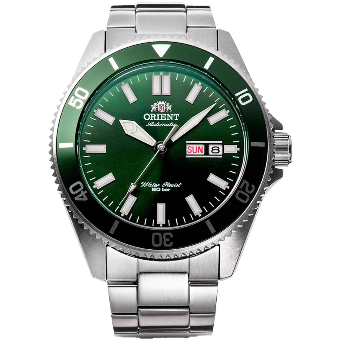 Stainless steel automatic watch with green dial, day-date display, and crown detail.
