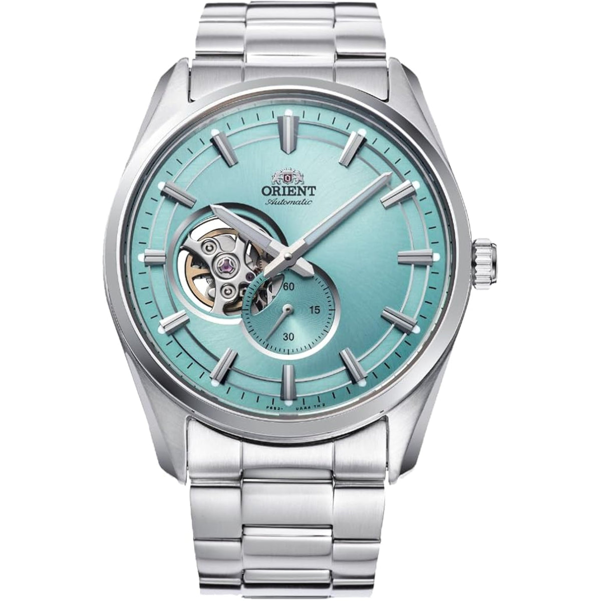 Men's semi-skeleton automatic steel watch with light blue dial and open gear window