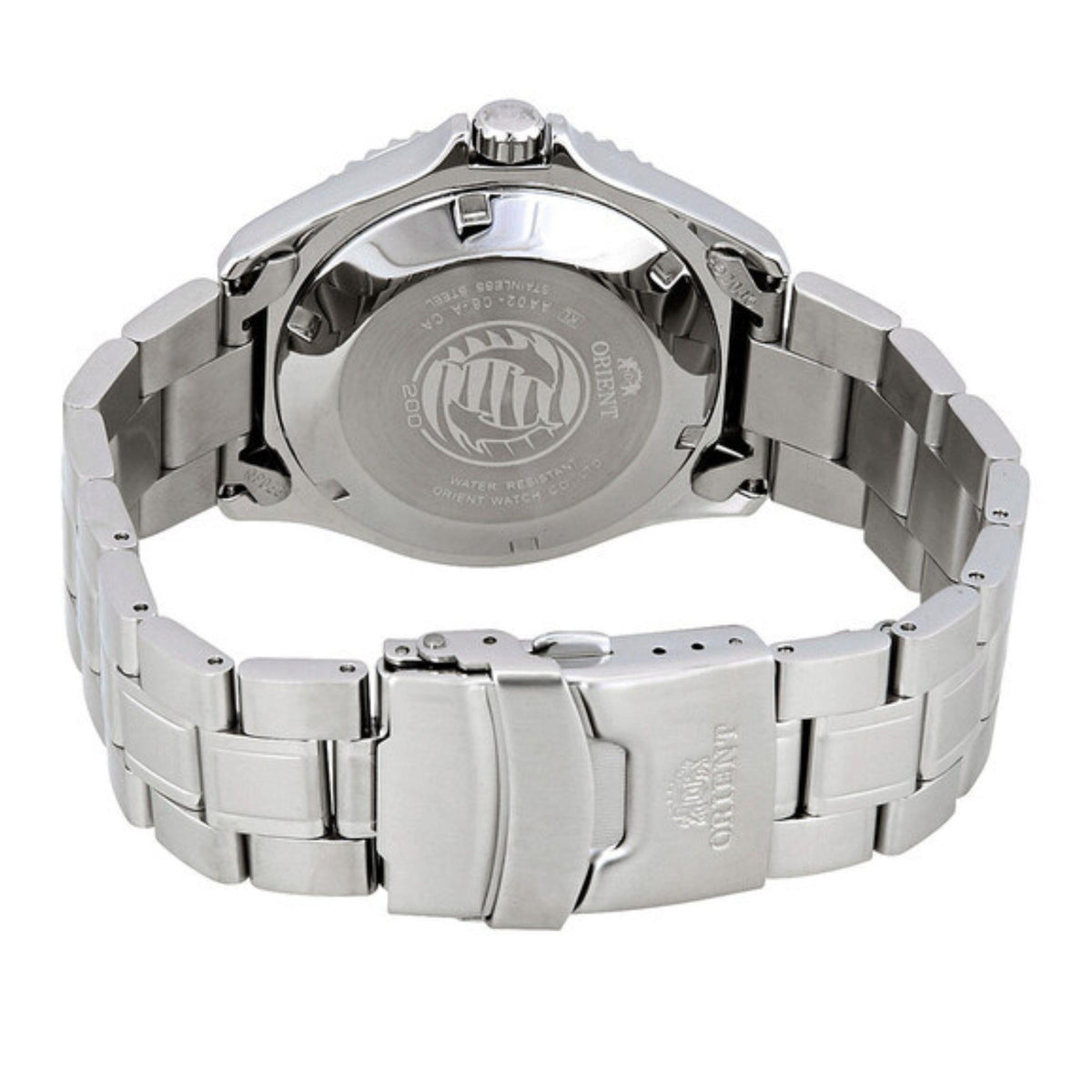Men's automatic watch back view with stainless steel bracelet and case engraving