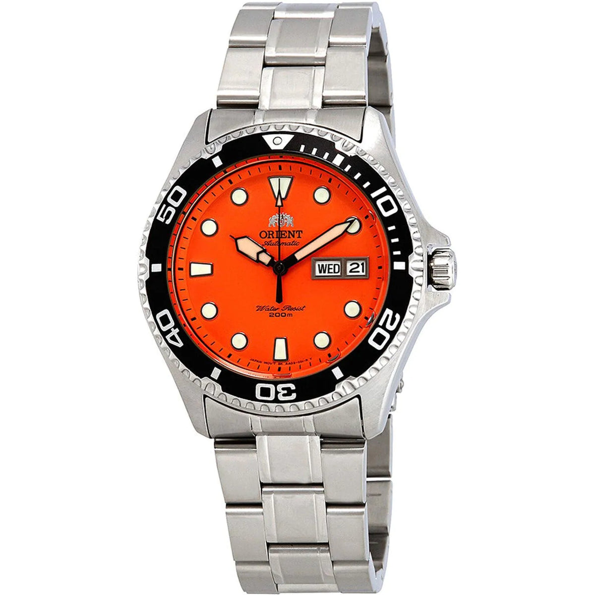 Men's automatic steel watch with orange dial, black bezel, and bracelet clasp