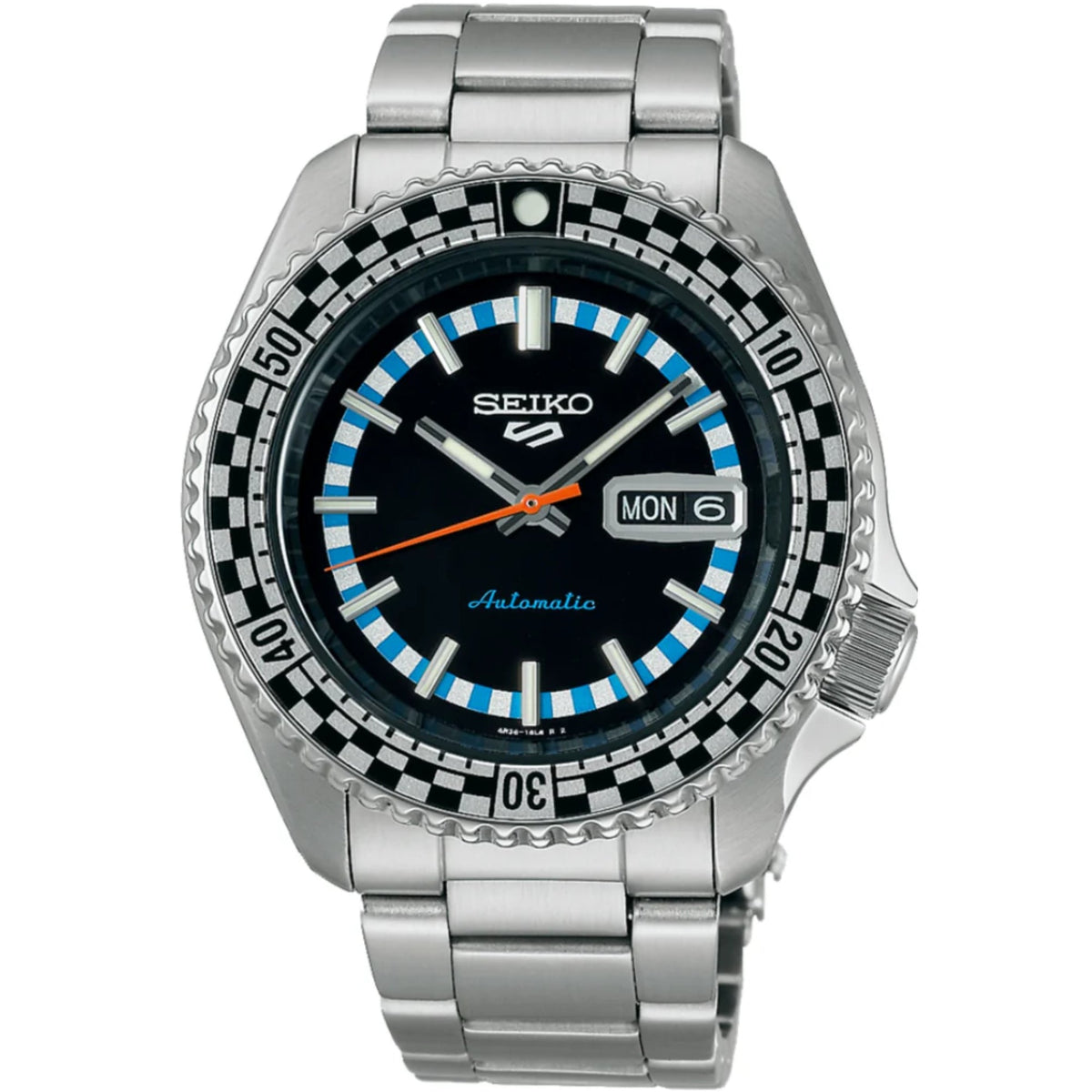 Seiko 5 Sports men's automatic wristwatch, black dial, steel bracelet, checker bezel, date display