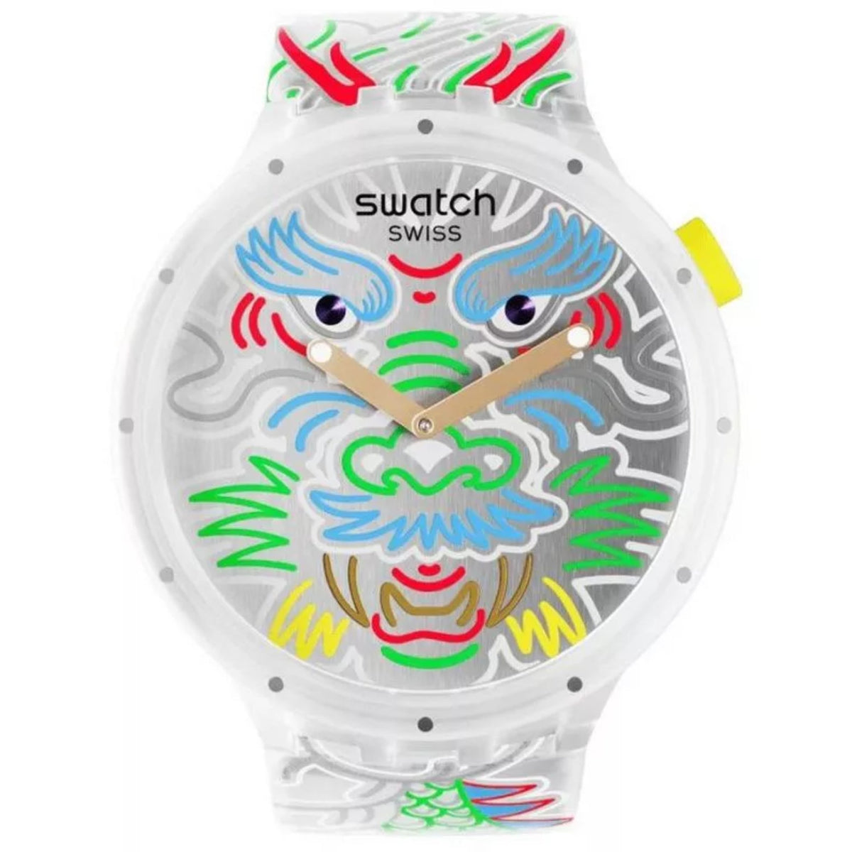 Silicone watch close-up: multicolor dragon dial with gold hands on clear strap