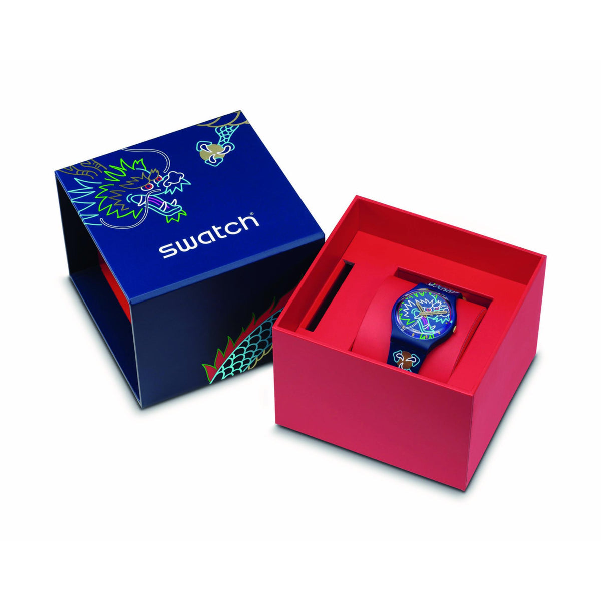 Swatch watch gift set with blue box and red inner tray, dragon dial view