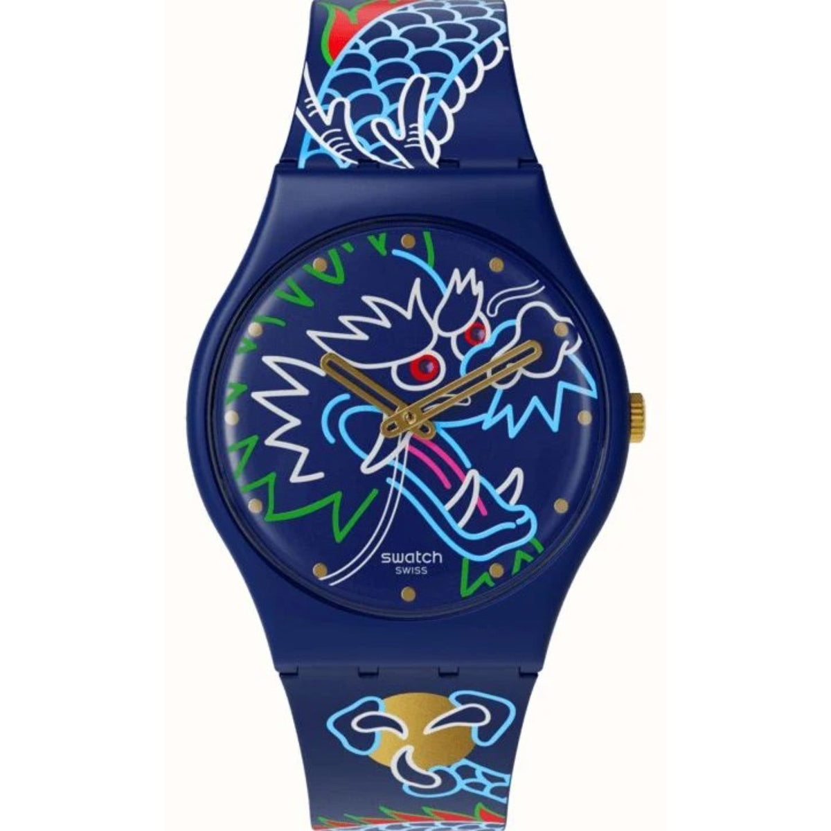 Blue silicone quartz watch with colorful dragon wave face and gold crown