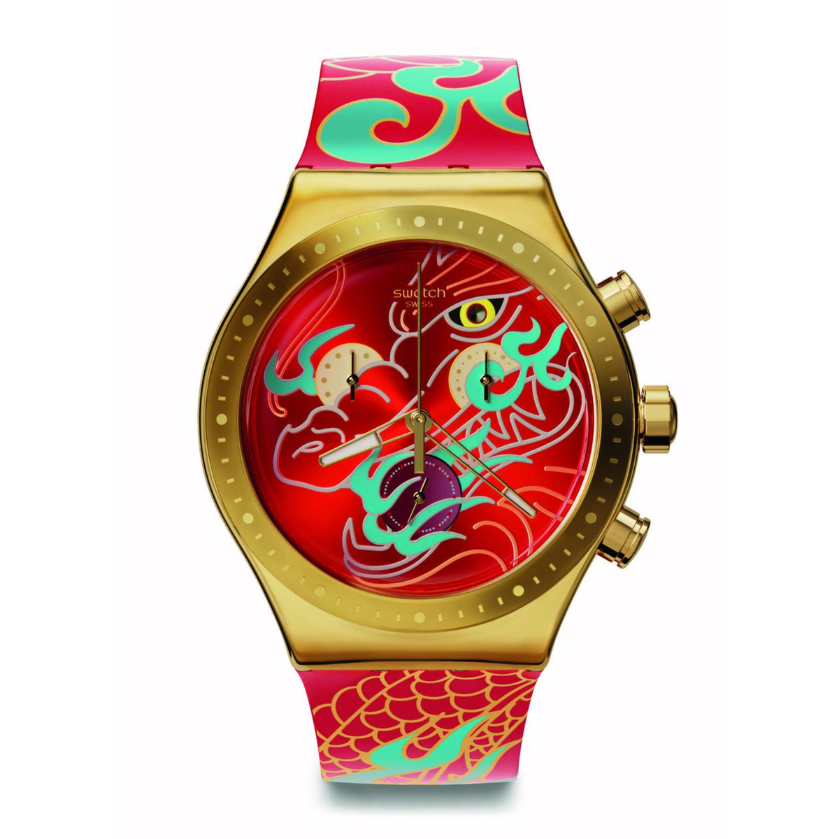 Men's quartz watch front view, red dragon dial, gold-tone bezel, pink/red silicone strap
