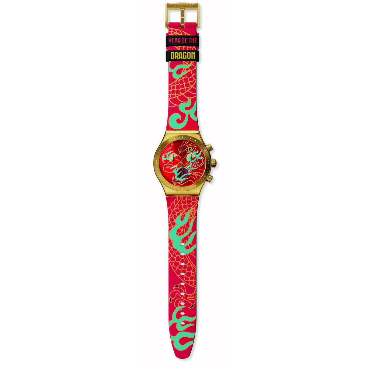 Men's quartz watch side profile, red dragon dial, gold-tone case, patterned silicone strap