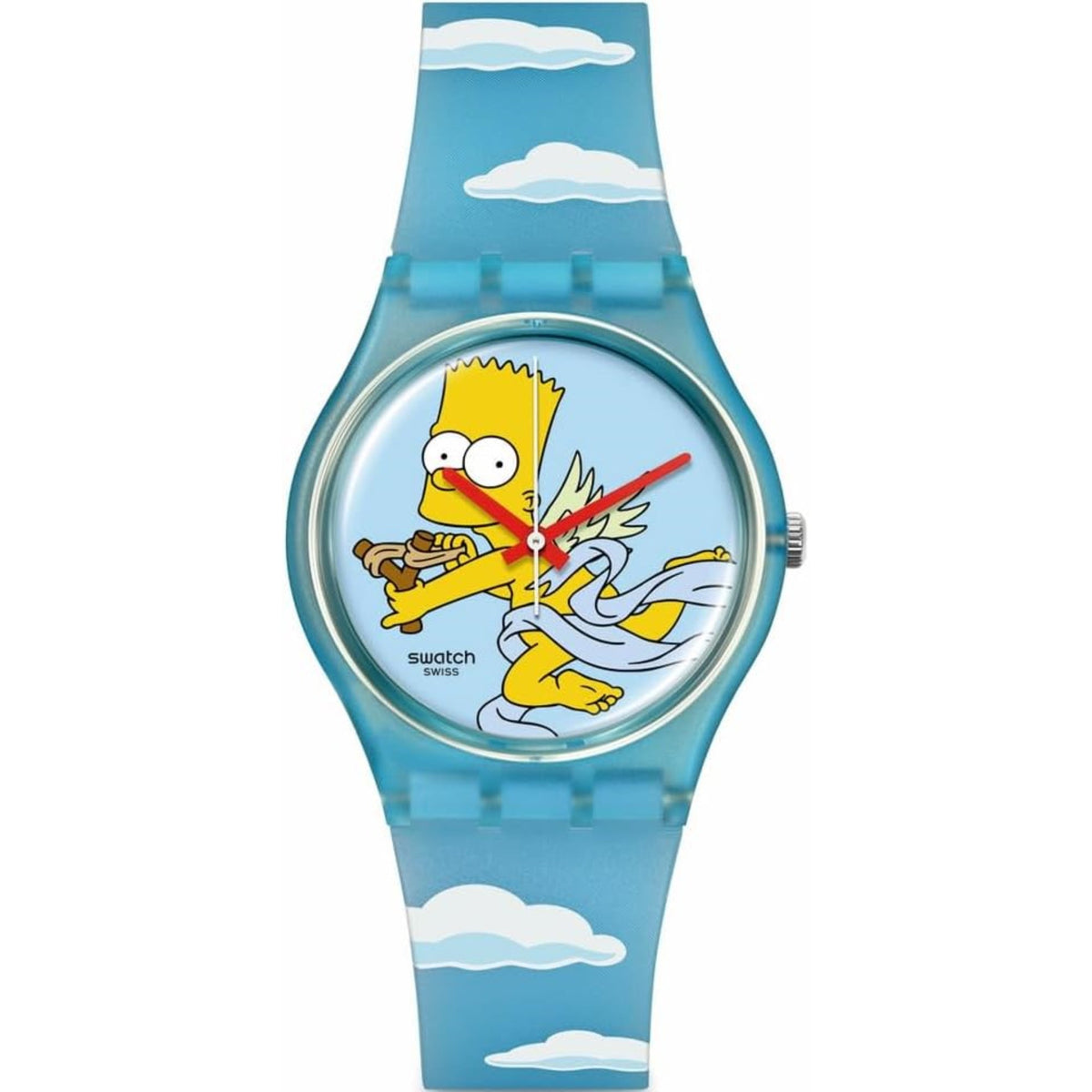 Blue dial wristwatch with Bart Simpson illustration and cloud-pattern silicone band