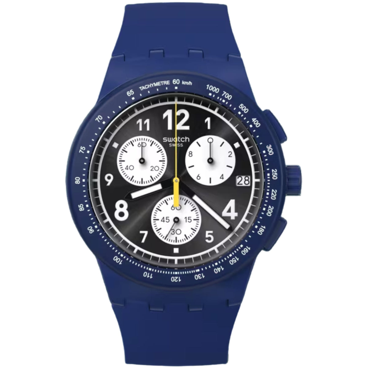 Blue silicone strap watch face with black dial, white numerals, and chronograph counters