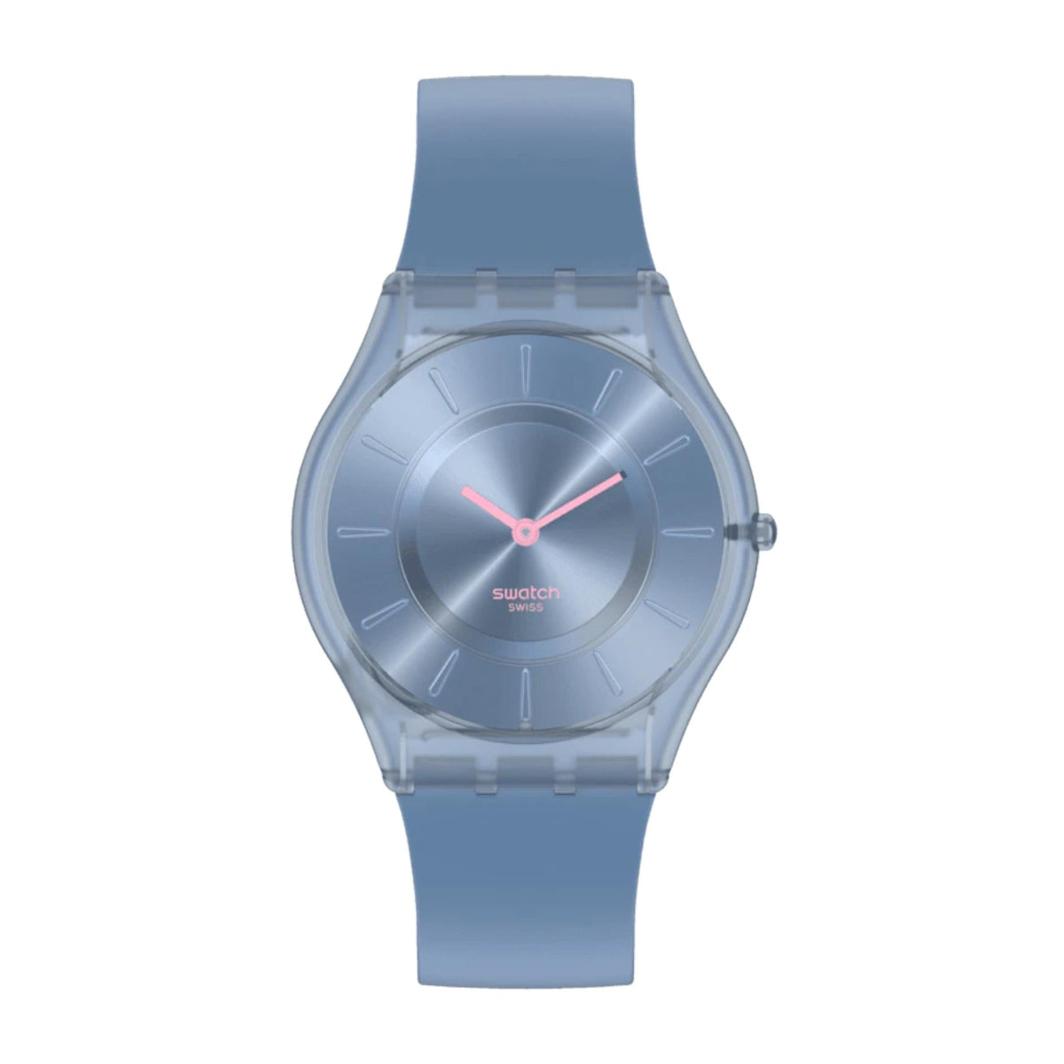 Denim blue Swatch women's watch front view with blue silicone strap and bezel
