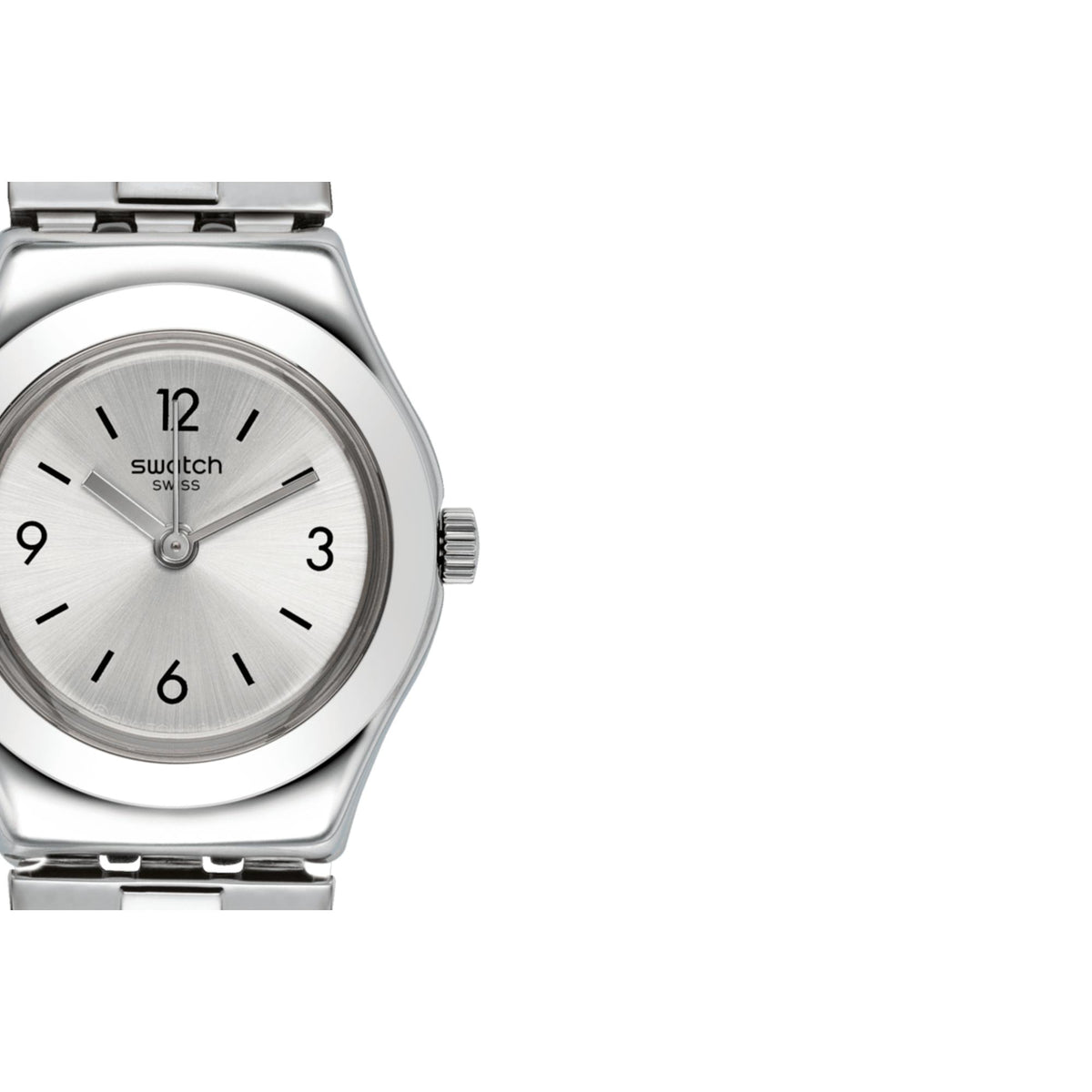 Stainless steel ladies wristwatch with silver dial and crown, close-up of face