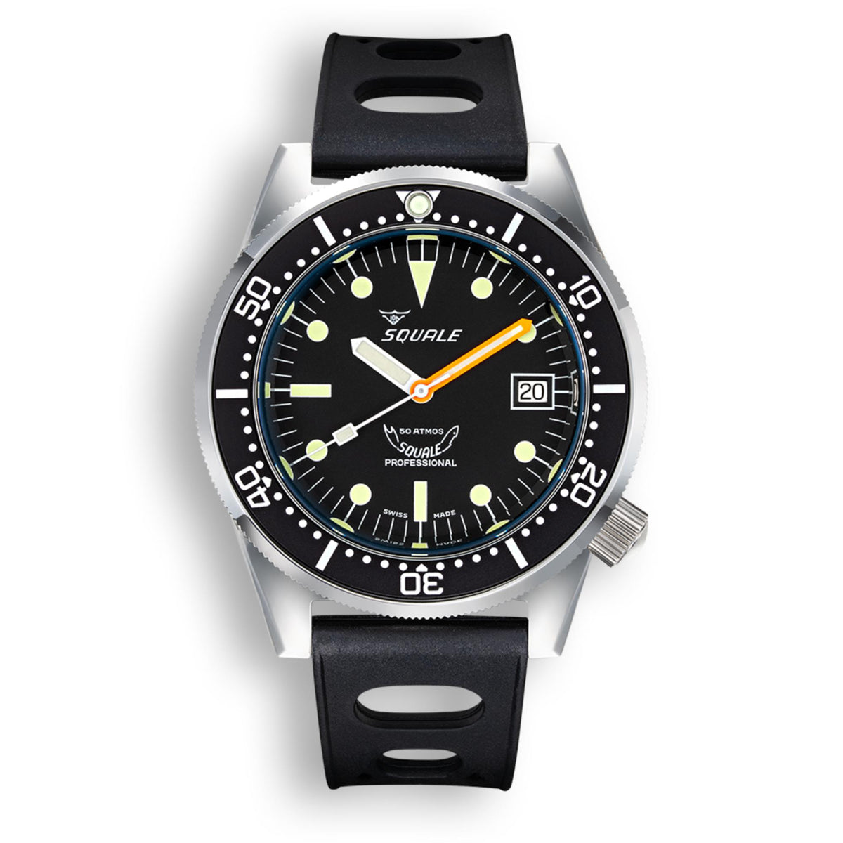 Men's automatic watch front view with black dial, black rubber strap, silver bezel and date window