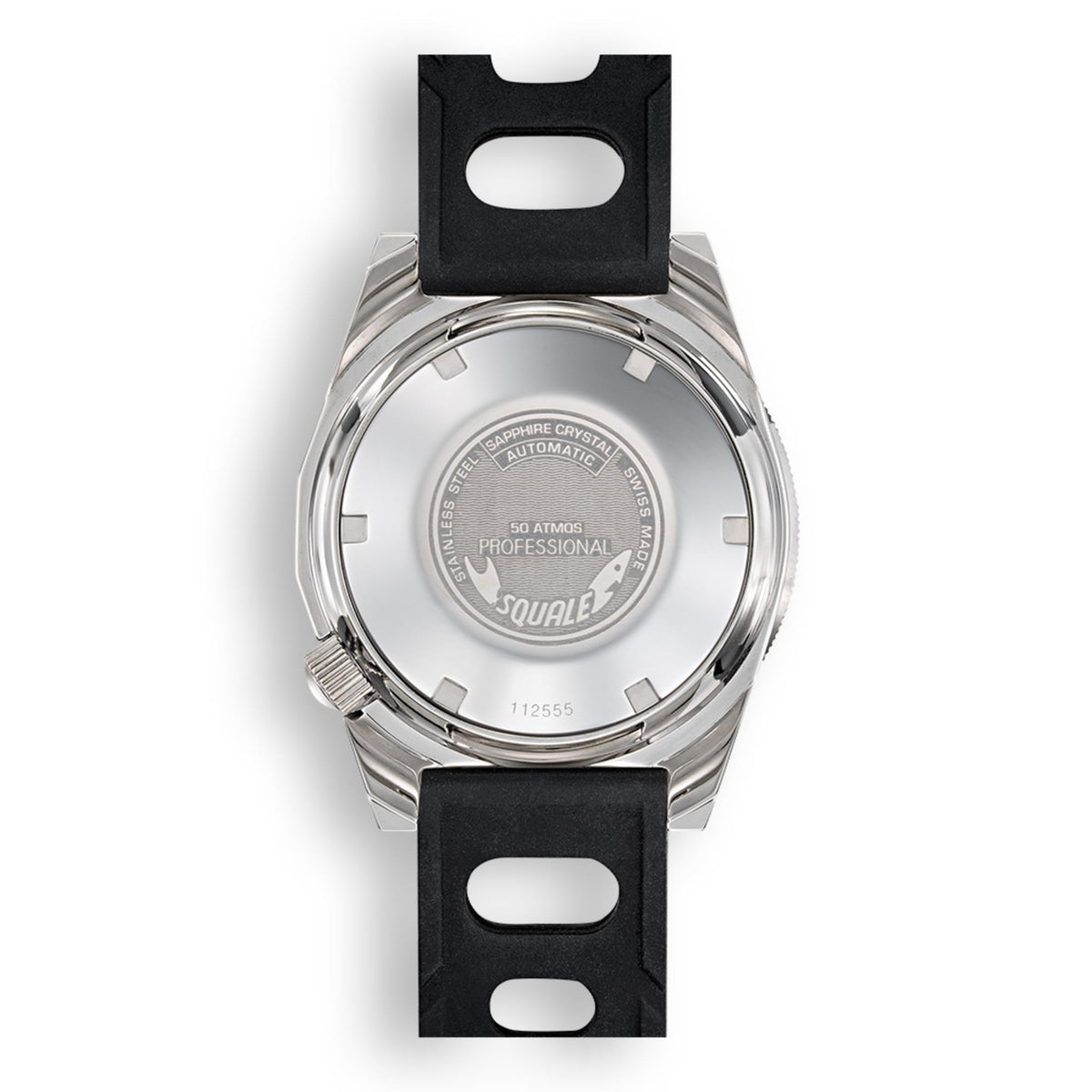 Men's automatic watch back view: engraved silver caseback with black rubber strap