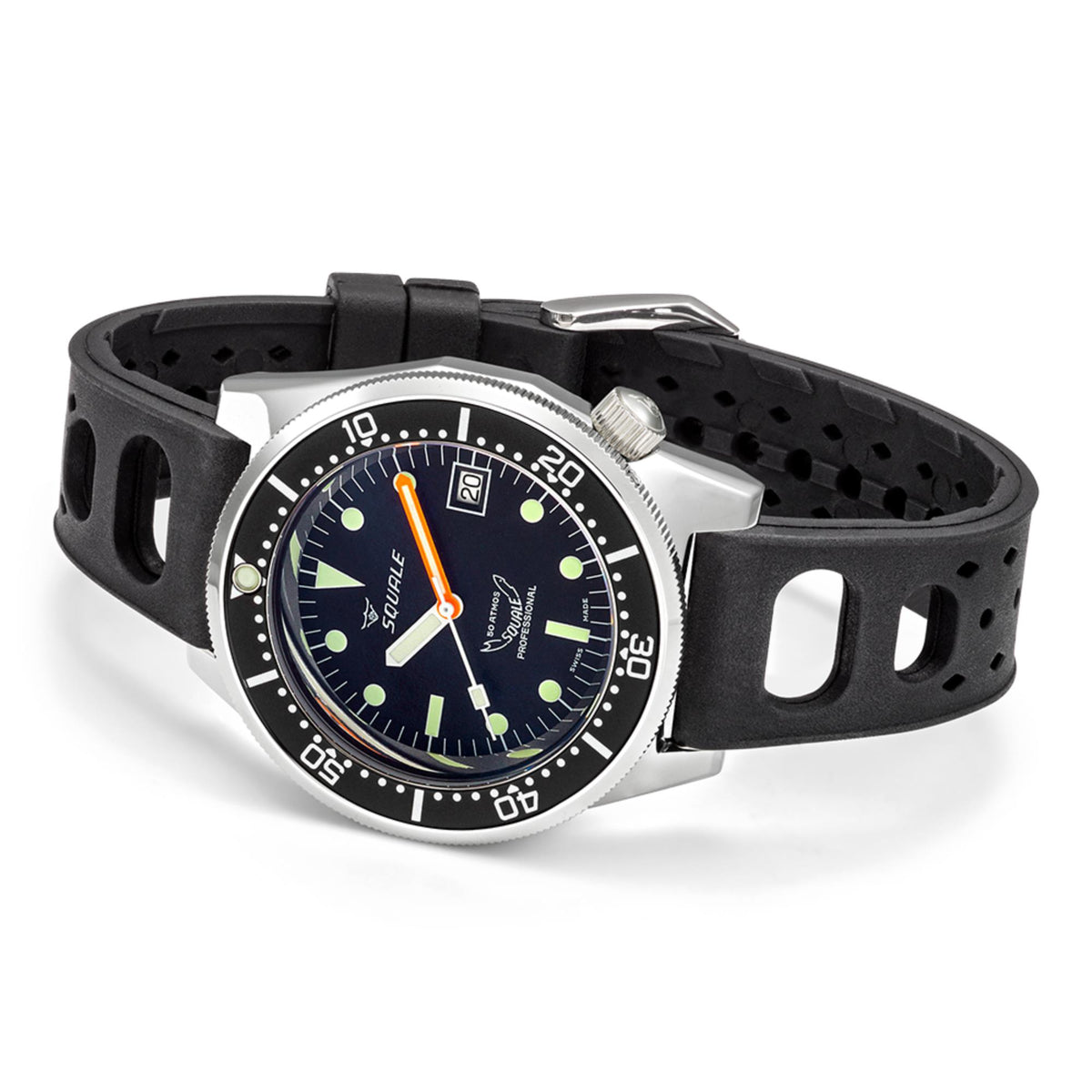 Men's automatic watch side view with dark dial, silver case, black rubber strap, curved bezel