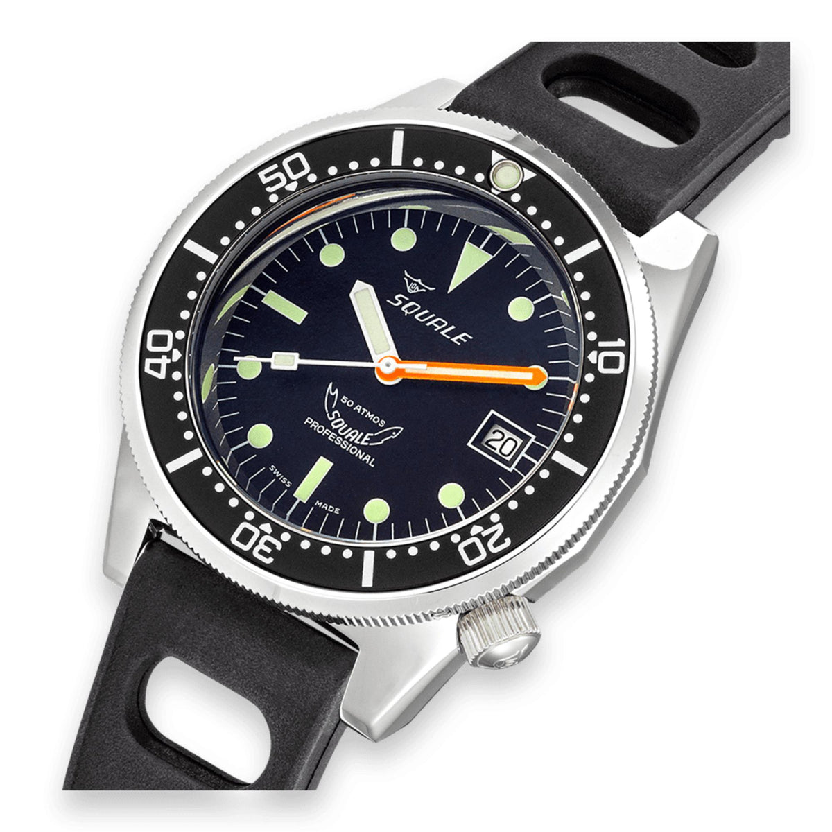 Men's automatic watch close-up with dark dial, lumed markers, black bezel and date window at 3