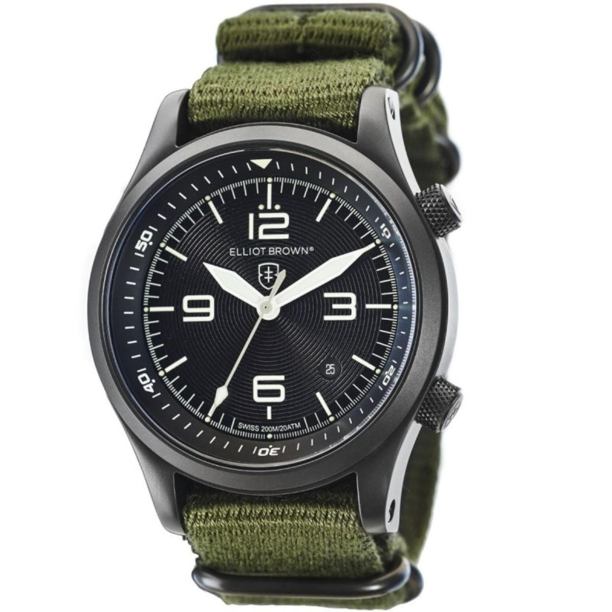 Men’s black dial round watch with green textile strap, silver hands and markers