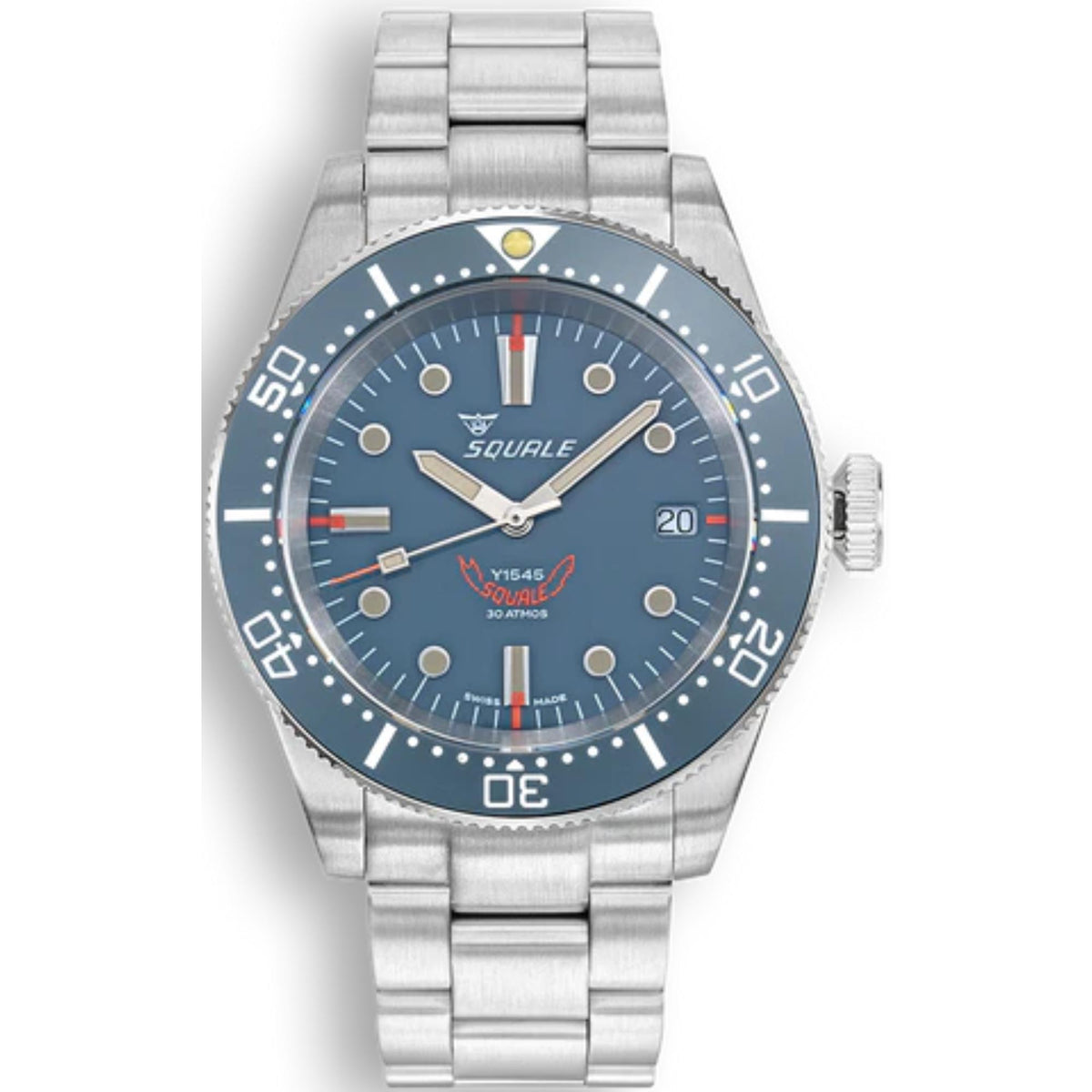 Men's steel wristwatch with blue dial, date window, and metal bracelet, front view