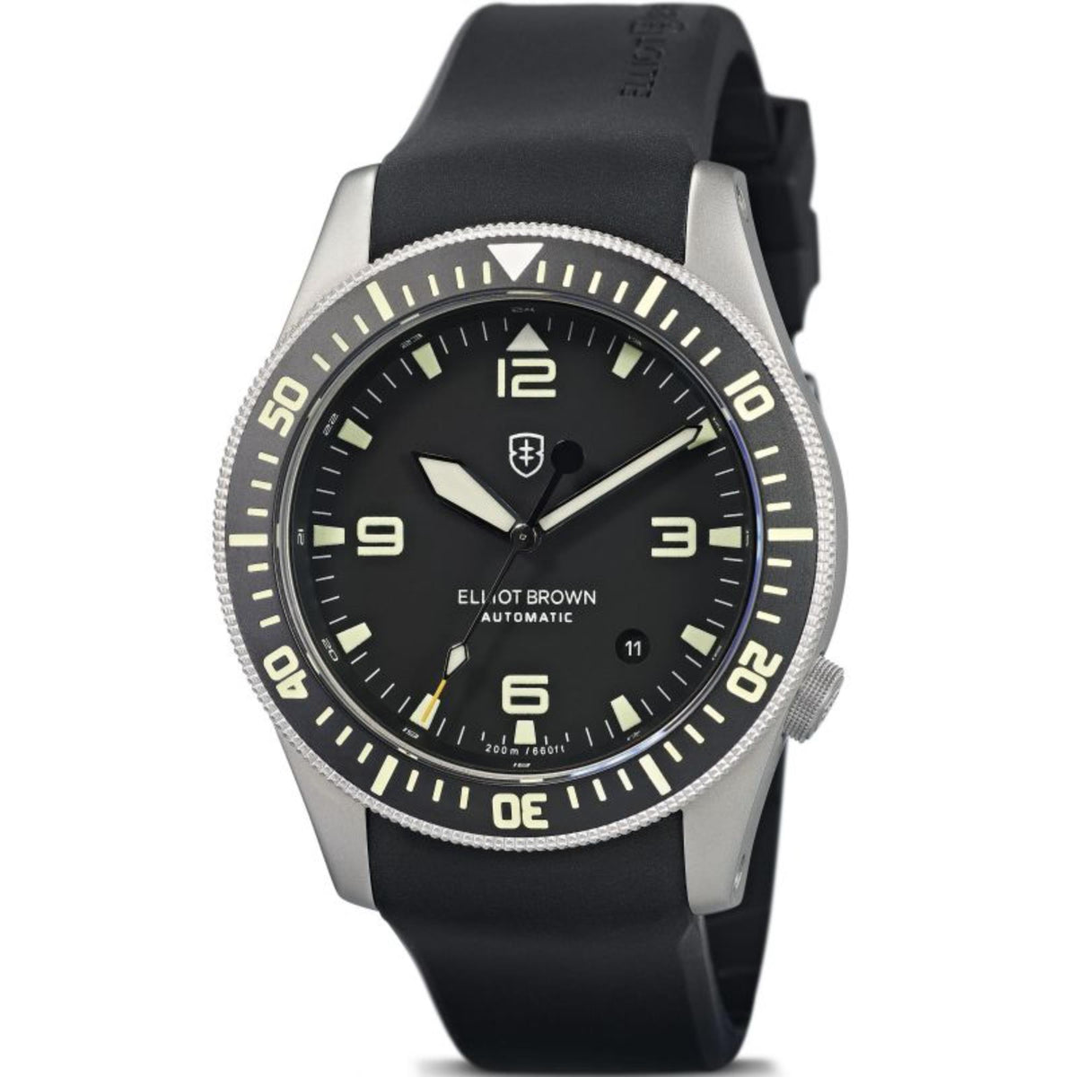 Men's automatic watch with black dial, luminous markers, date window, and rubber strap.