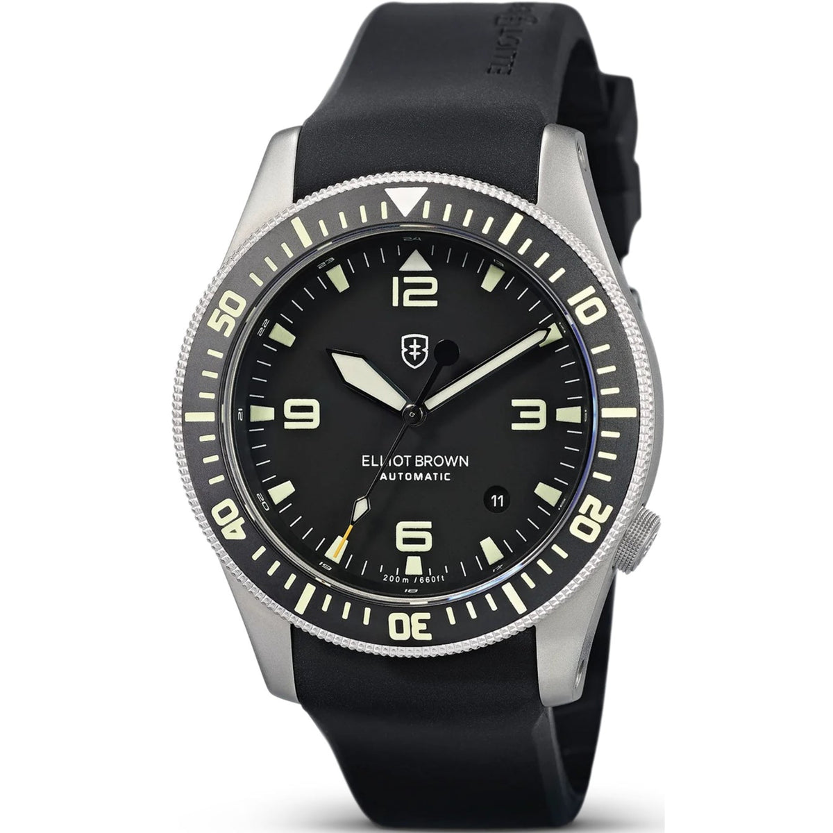 Men's black-dial automatic watch with silver case and black rubber strap, front view.