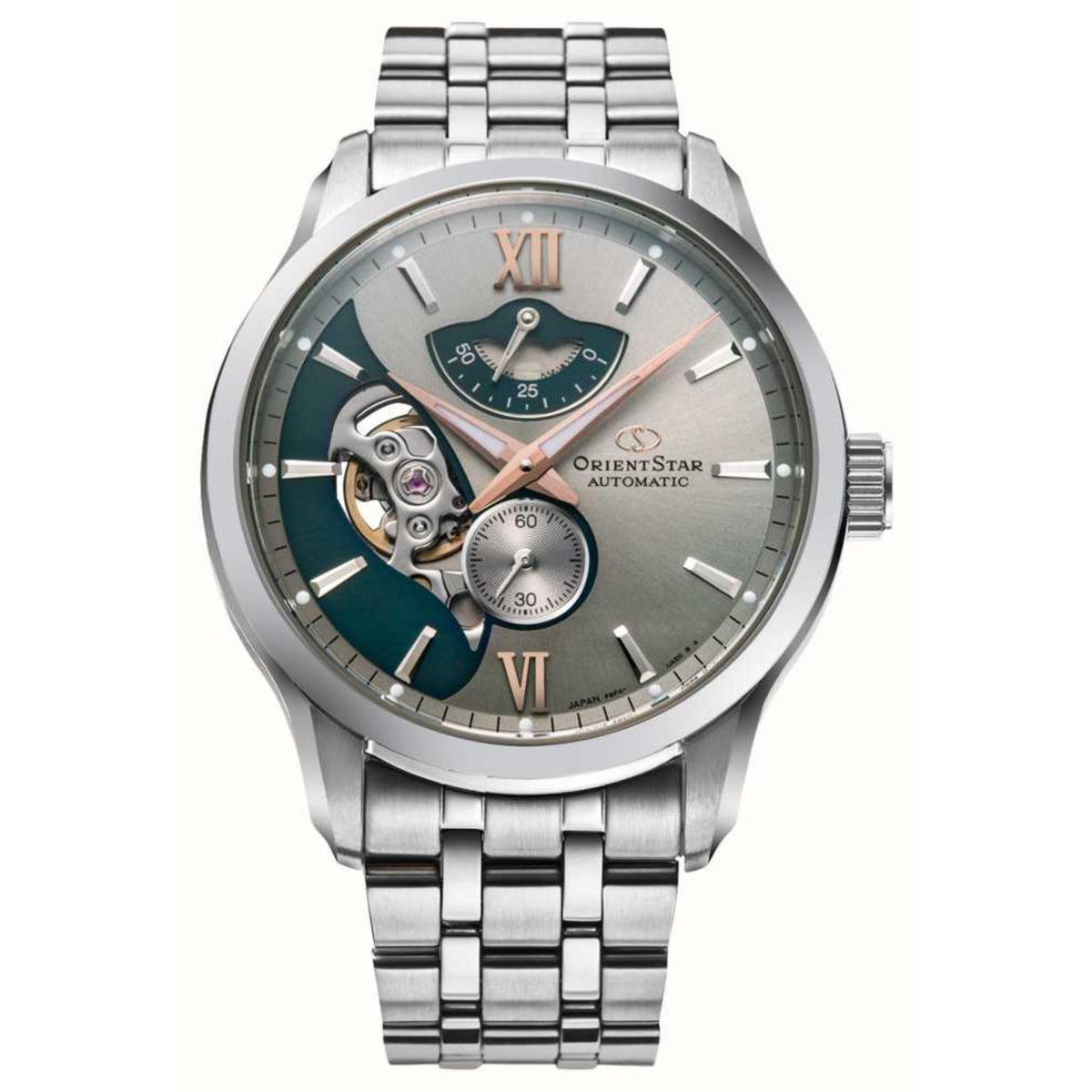 Men's steel automatic watch with grey dial, teal subdials, skeleton movement, Roman markers