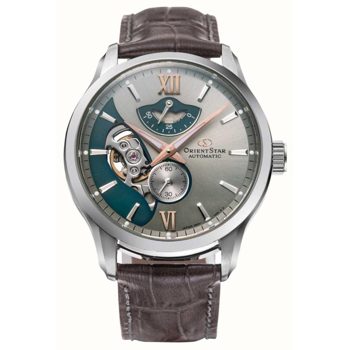 Men's automatic watch with grey dial, teal subdials, skeleton movement, Roman markers, leather strap