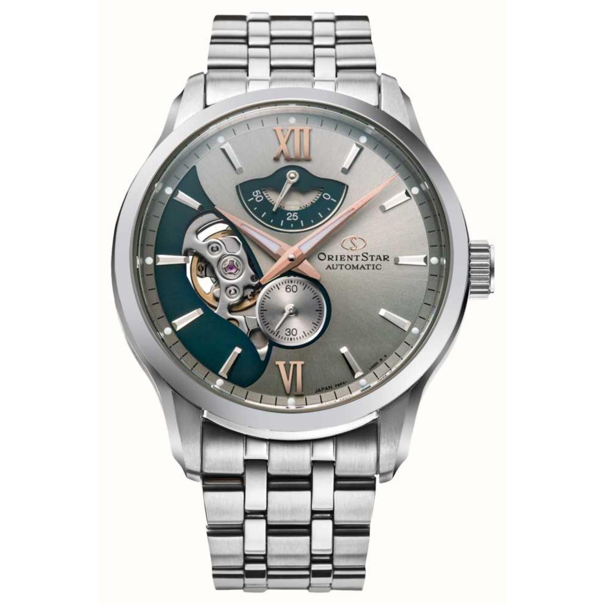 Men's steel automatic watch with grey dial, teal subdials, skeleton movement, Roman markers