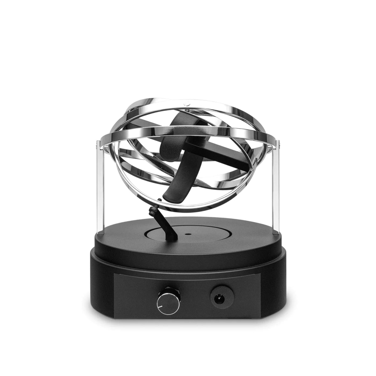Single-slot watch winder with clear dome and black base, rotating ring and stand