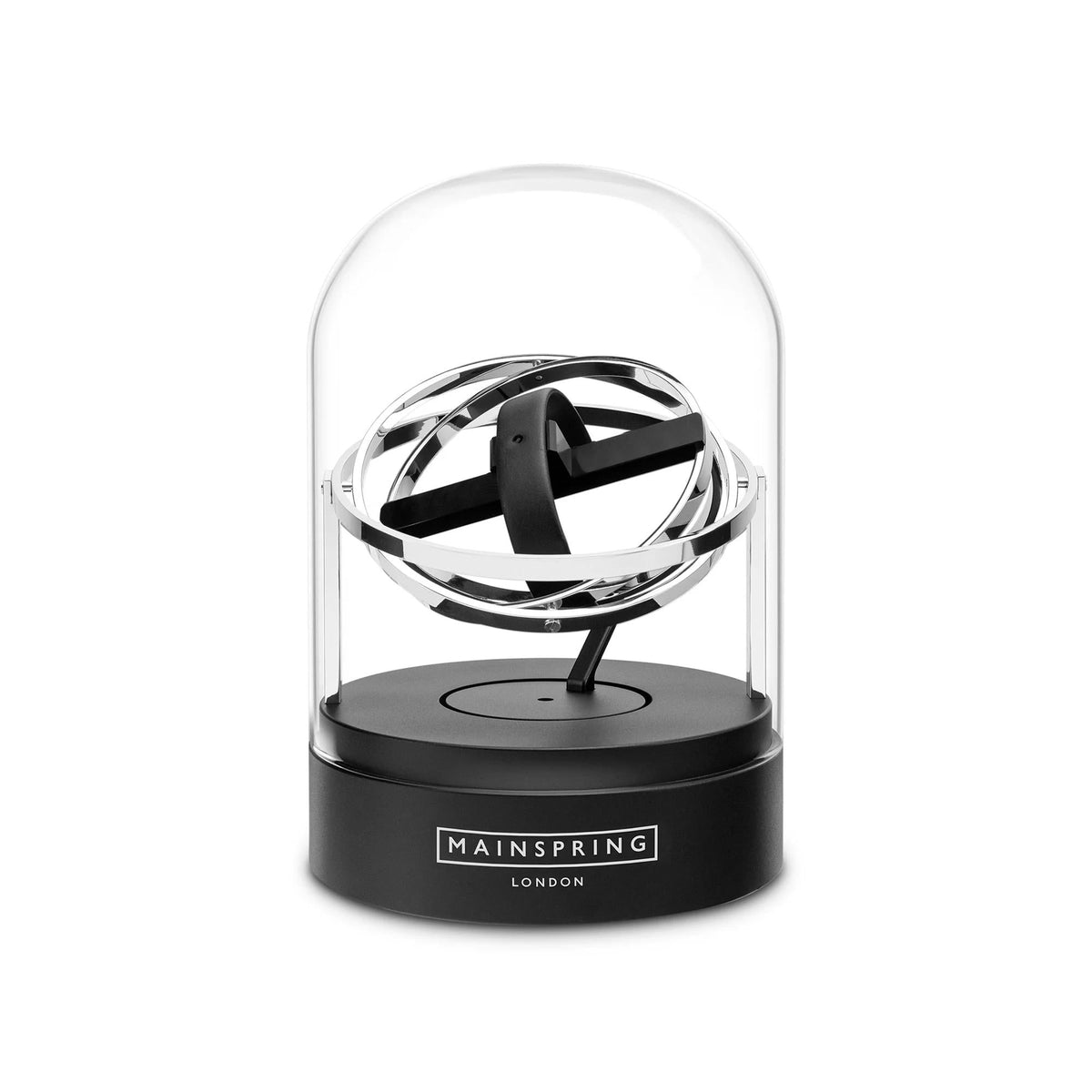 Single-slot watch winder with clear dome and black base, gyroscope rotor in view