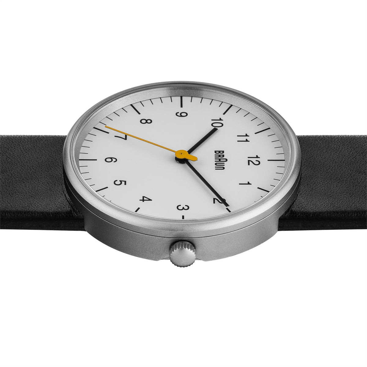 Men's analog wristwatch with white dial, yellow accents, and black leather strap.