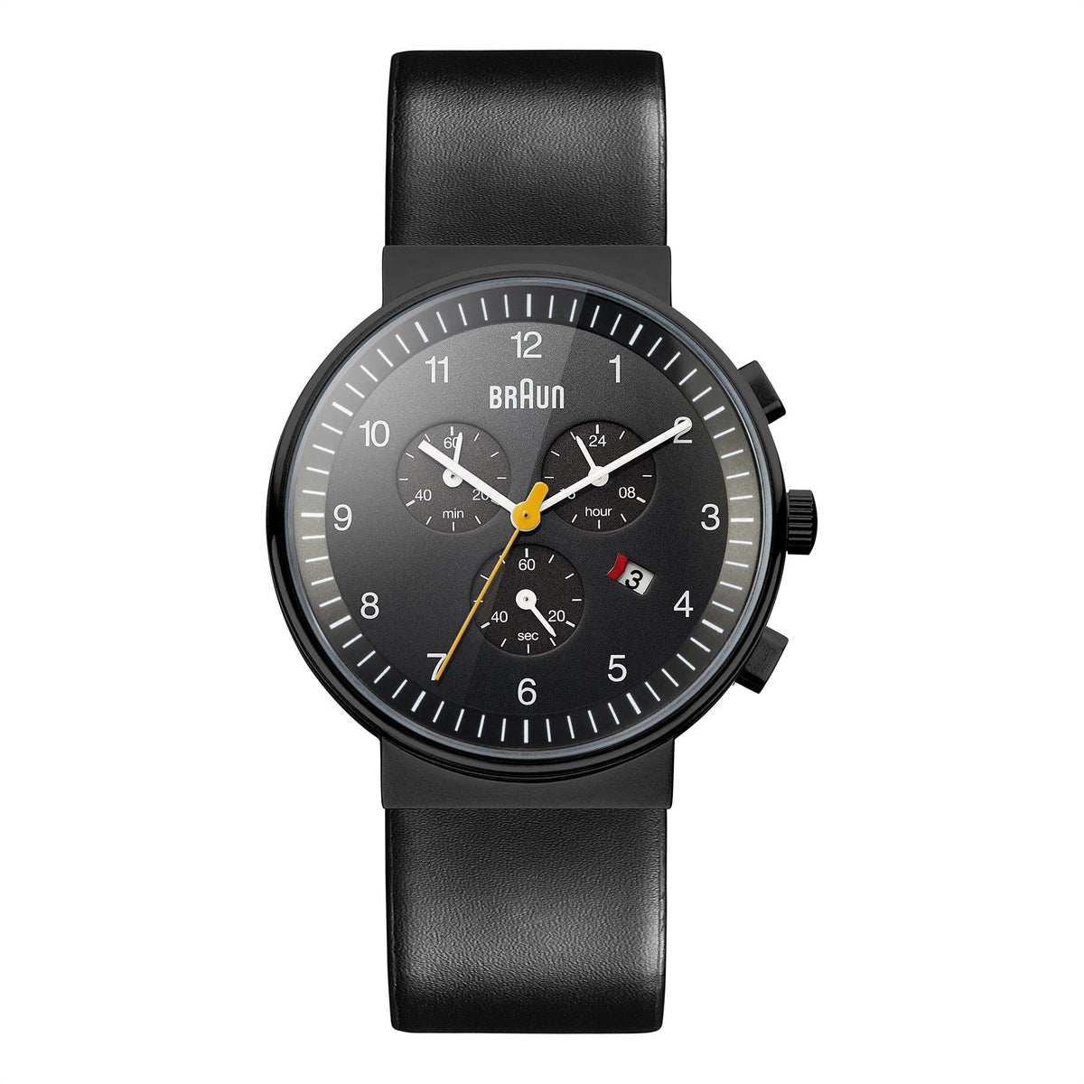 Men's quartz watch featuring black dial, black leather strap, and three subdials